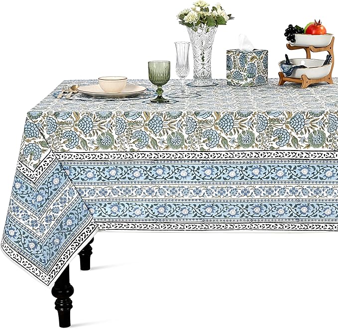 Ridhi Hand Block Print Asparagus Green Rectangle Cotton Tablecloth 90" x 60" Reusable Table Cover Decorative Everyday Use for Dining, Farmhouse, Home Gift for Spring, Easter, Valentine