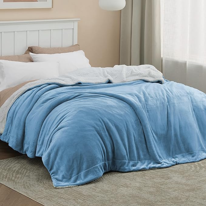 Bedsure Sherpa Fleece Blankets King Size for Bed - Thick and Warm, Soft Fuzzy Plush King Blanket for Winter, Washed Blue, 108x90 Inches