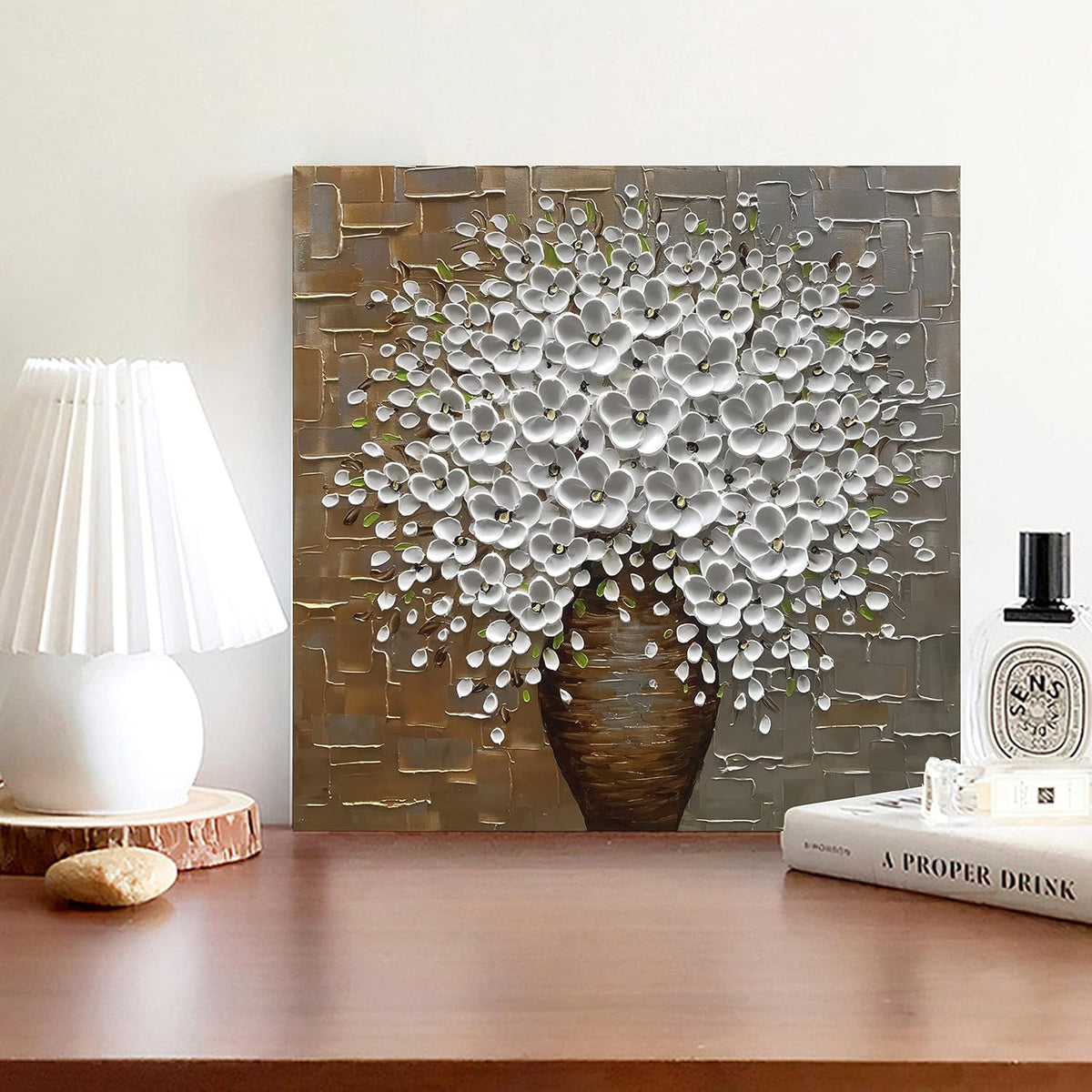 Epicler Hand Painted 3D Oil Painting on Canvas 24x24 inch White Flower Art,Morden Canvas Wall Paintings, Metal Textured Gold and Silver Background White Flower Artwork