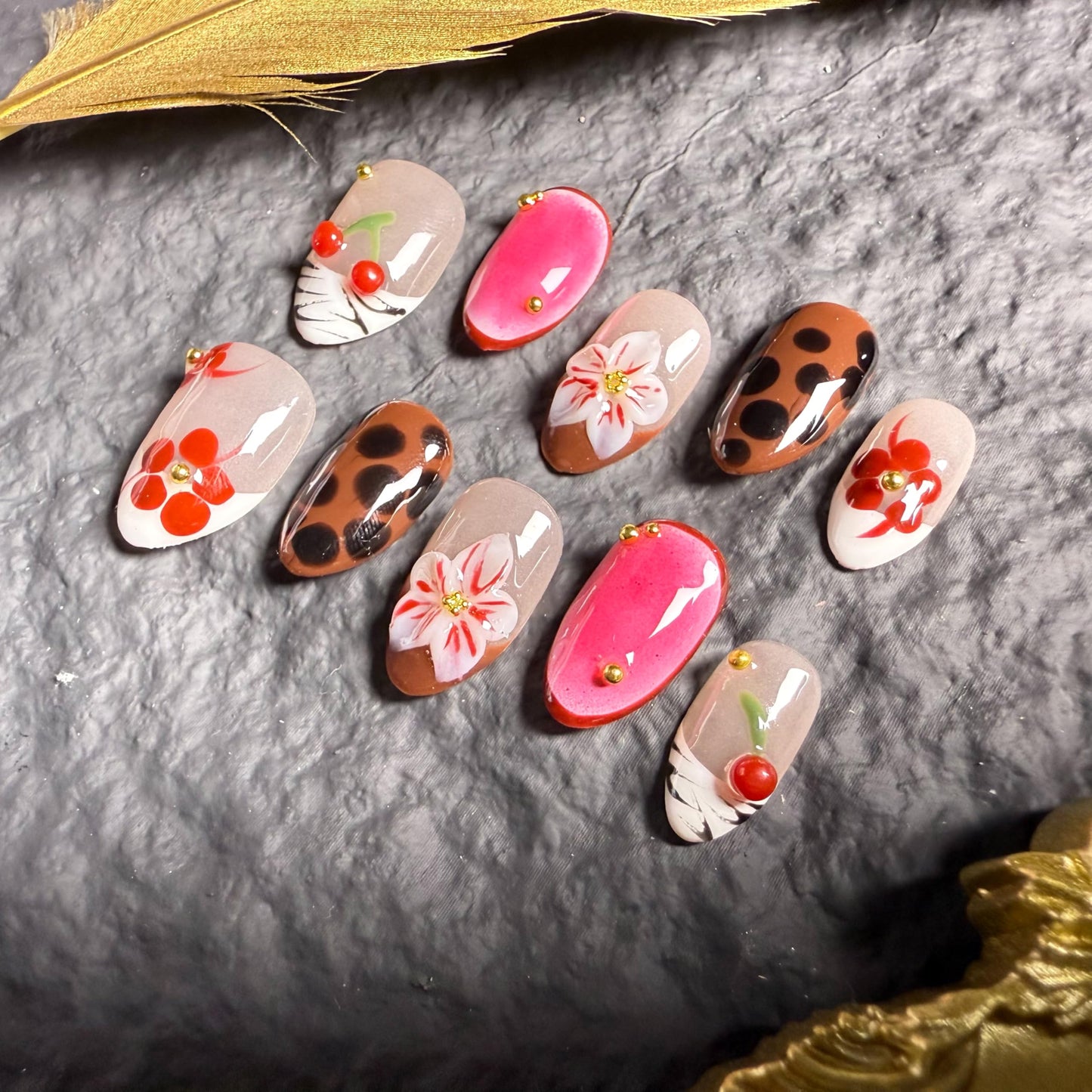 Handmade Press On Nails Almond Short Cherry Red Floral Leopard Handmade Nails 3d Floral Reusable Wedding Prom And Festival Gift Handmade Acrylic Press On Nails (Medium)