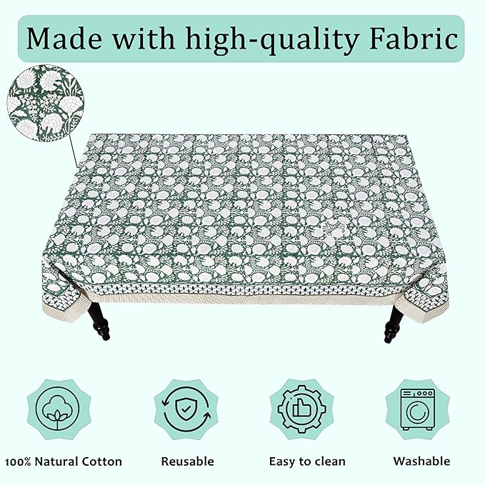 Ridhi Hand Block Print Turquoise Moss Green Rectangle Cotton Tablecloth 120" x 80" Reusable Table Cover Decorative Everyday Use for Dining, Farmhouse, Home Gift for Spring, Easter, Valentine