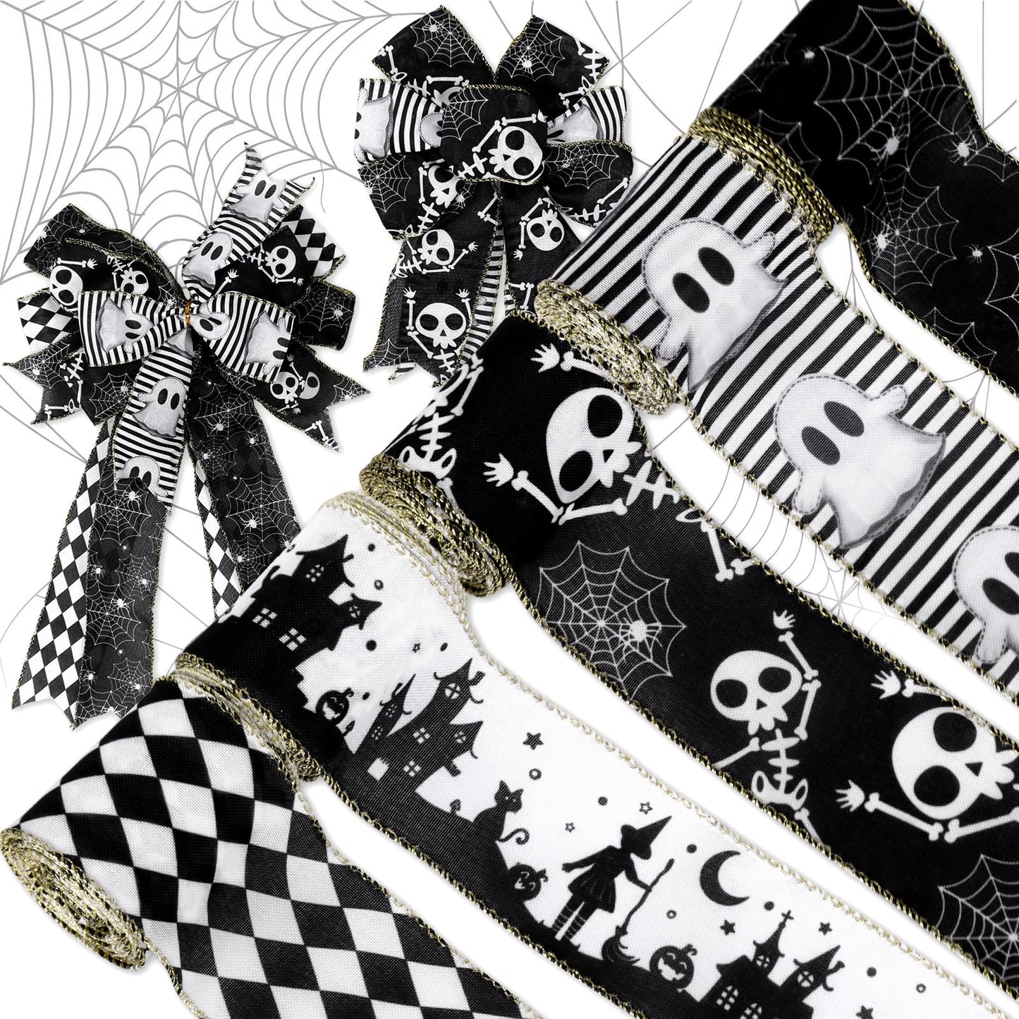 JarThenaAMCS 5 Roll Halloween Wired Edge Ribbon - 2.5 Inch, 30 Yards Ghost Skeleton Spider Web - White & Black Spooky Gift Wrap Ribbon for Bow, Wreath, Craft & Party Decor