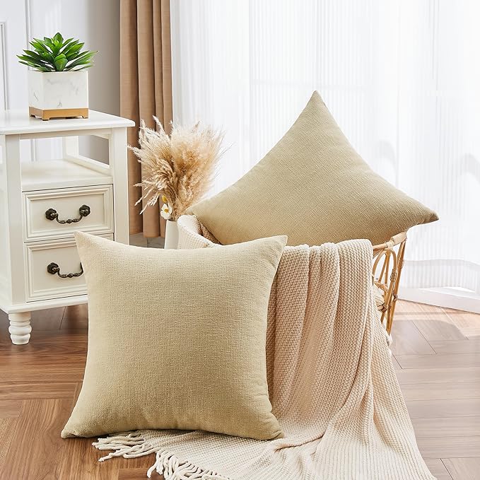 GAWAMAY Decorative Square Throw Pillow Covers 18"x18" Inch Set of 2, Super Soft Chenille Pillows Cover Fall Pillowcase for Living Room Bedroom Sofa Couch Cushion Cover Khaki 45x45cm (No Insert)