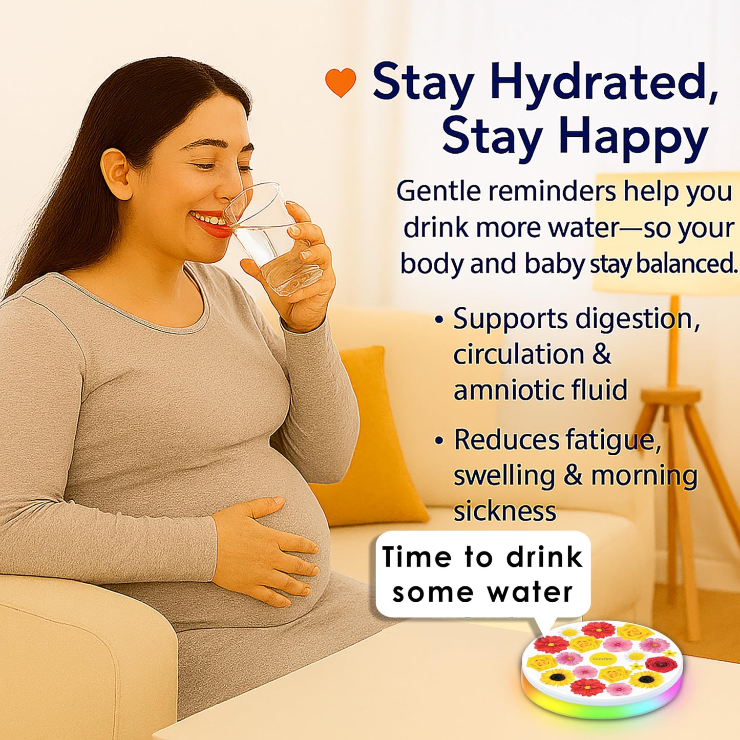 CoolFire Self-Care Gift – Smart Hydration Reminder Coaster with Voice (English only) Alerts, Ambient Light & Changeable Mood Covers for Pregnancy, ADHD, Stress Relief & Everyday Wellness (F)