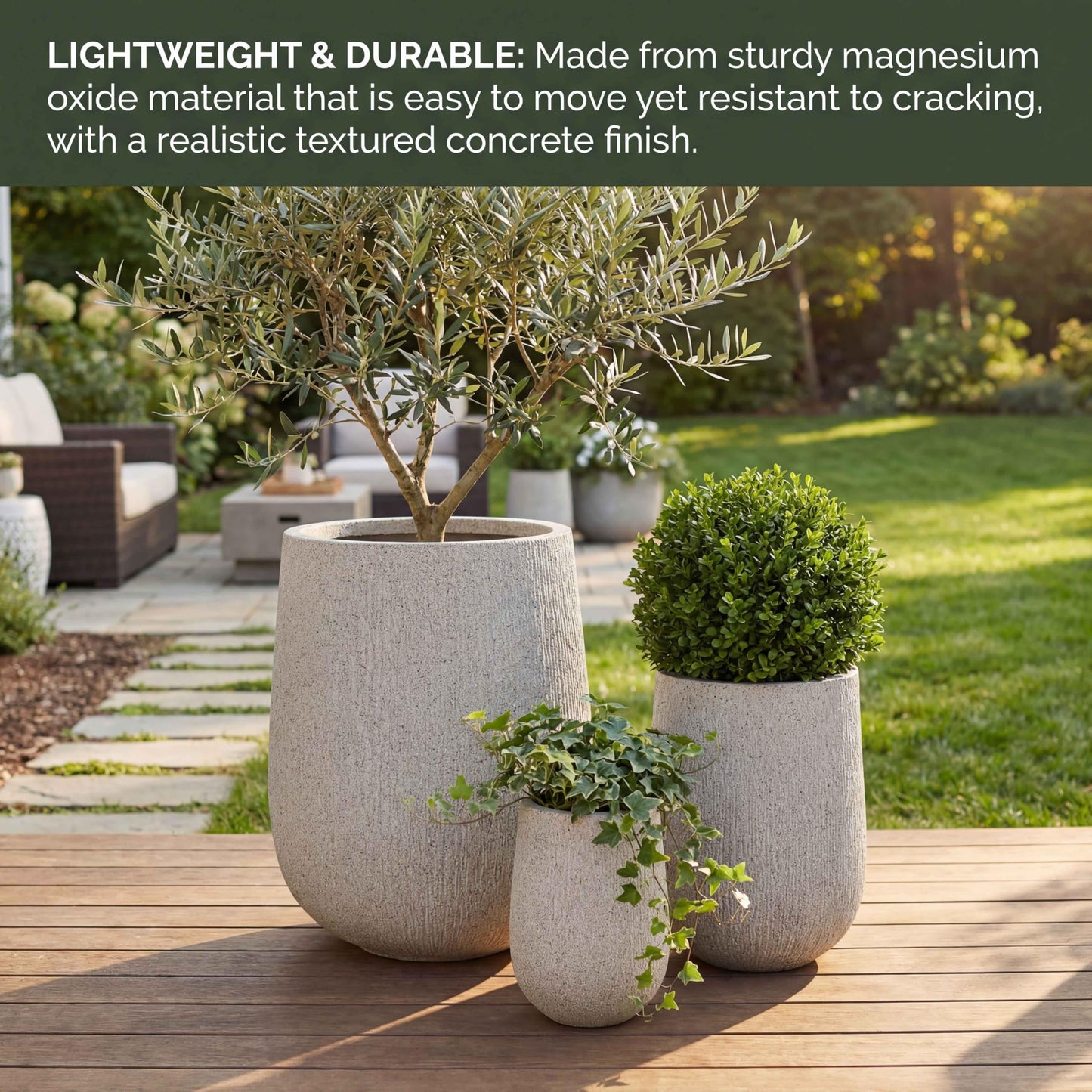 Modern Egg-Shaped Planter Set of 3, Lightweight MGO Stone Look Flower Pots with Drainage Holes & Rubber Plug for Indoor Outdoor Patio Garden Poolside Decor, Unique Textured Succulent Container