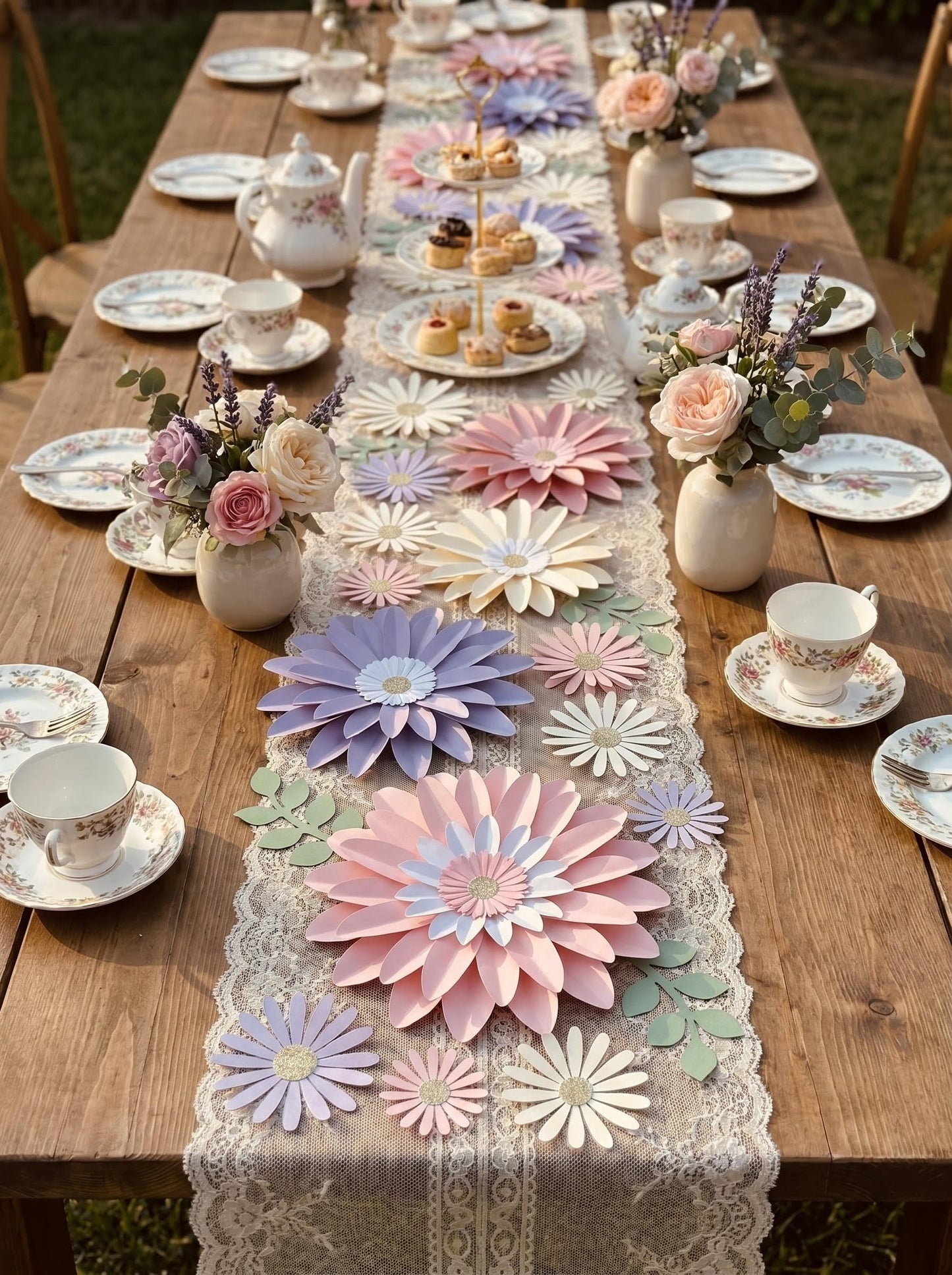 34pcs 3D Paper Flowers Wall Decor Set - Neutral Daisy with Green Leaves, Boho Cream White Peach Backdrop for Nursery, Baby Shower, Home Warming & Classroom Decor (Lilac & Blush)