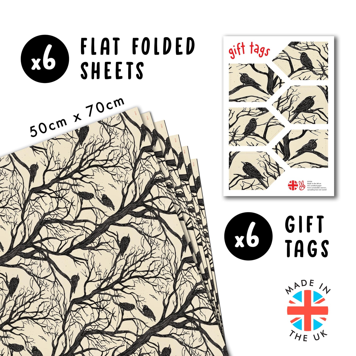 CENTRAL 23 Birthday Wrapping Paper For Men Women - 6 Sheets Of Gift Wrap - Crows On Trees - Forest - Gothic - Fall Wrapping Paper - Halloween - Comes With Stickers - Recyclable