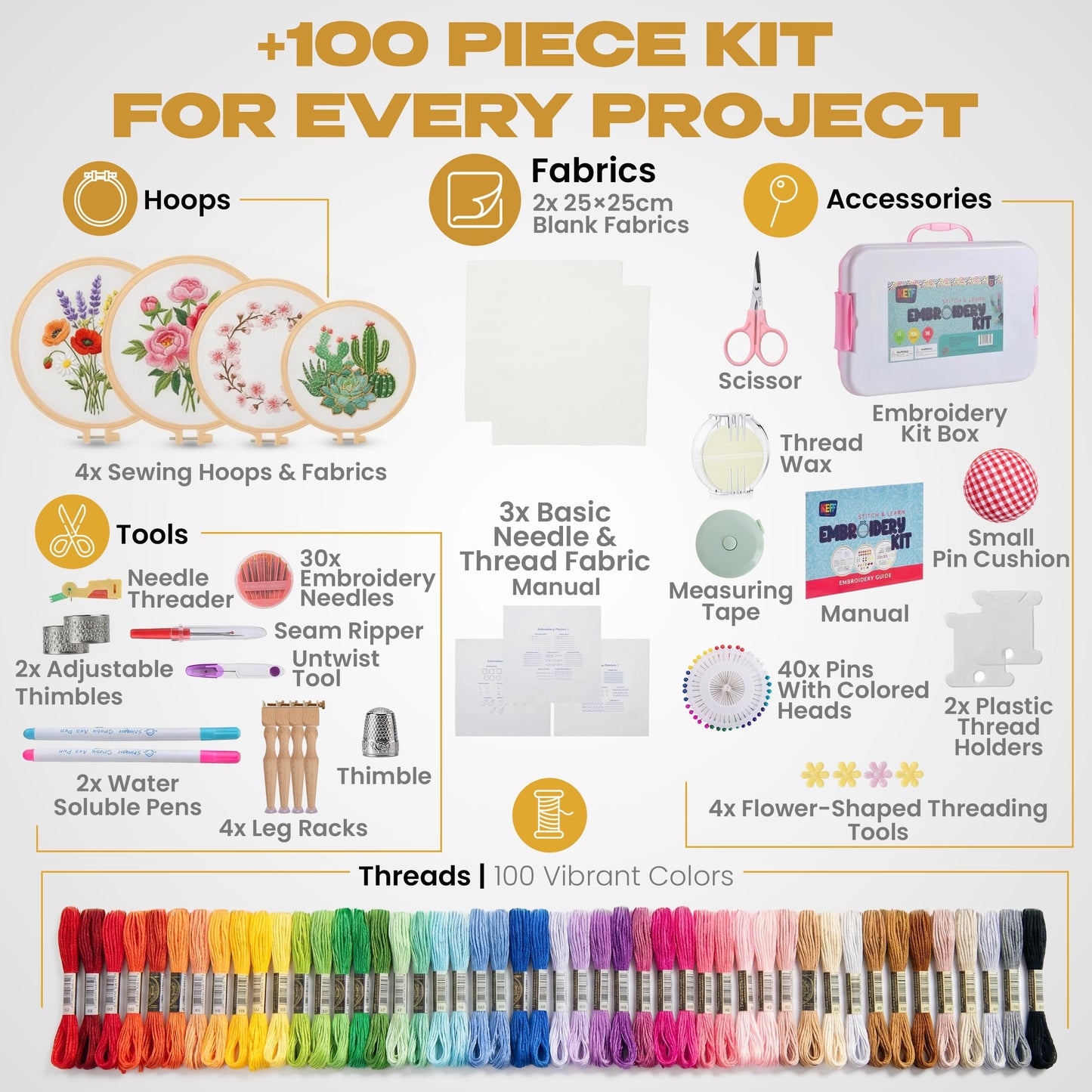 KEFF Craft Embroidery Kit for Beginners - 100 Embroidery Thread Colors, 4 Hoops, Scissors, Needles, Pins, Blank Fabrics & Tools – Cross Stitch Supplies, Cross Stitch Kits, Arts and Crafts for Adults