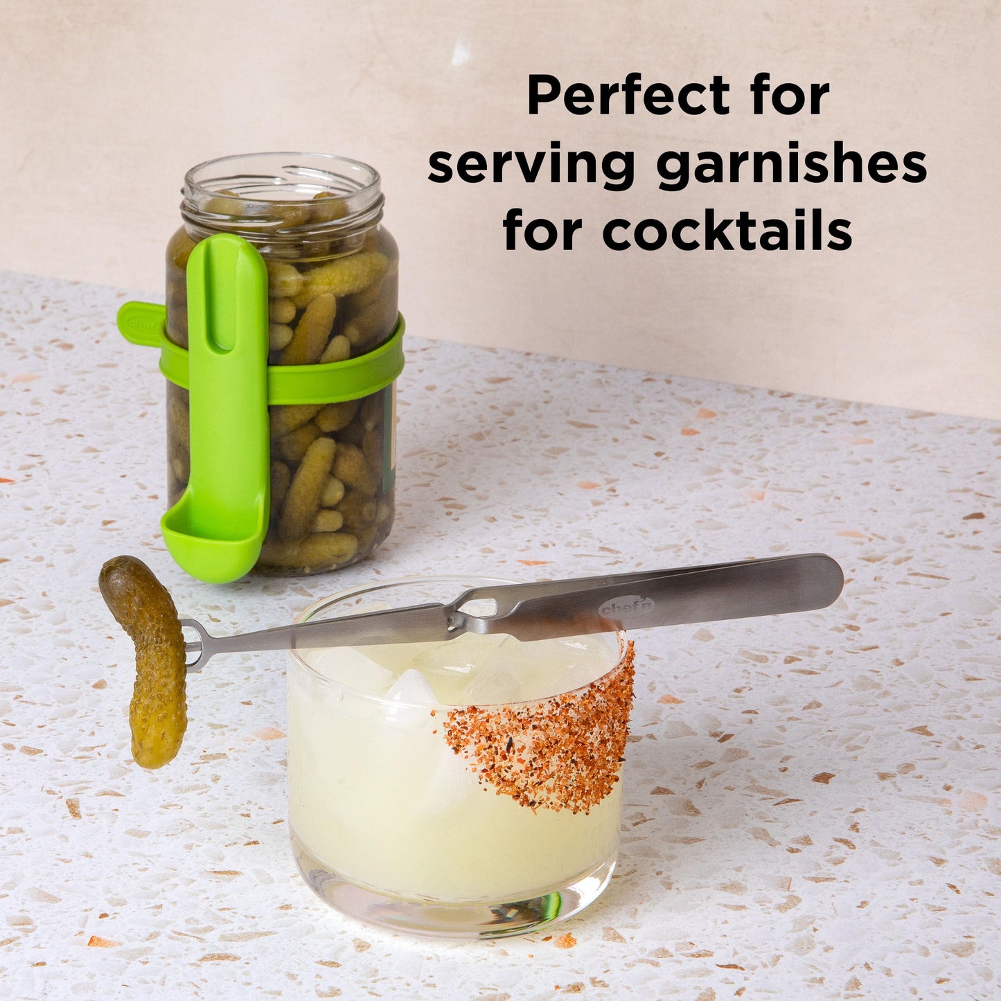Chef’n FridgeFork Pro Squeeze n’ Hold Condiment Fork – 2-in-1 Fork and Tongs with Integrated Storage Caddy – Mess-Free Tool for Pickles, Olives, and More – Ideal for Charcuterie and Snacking