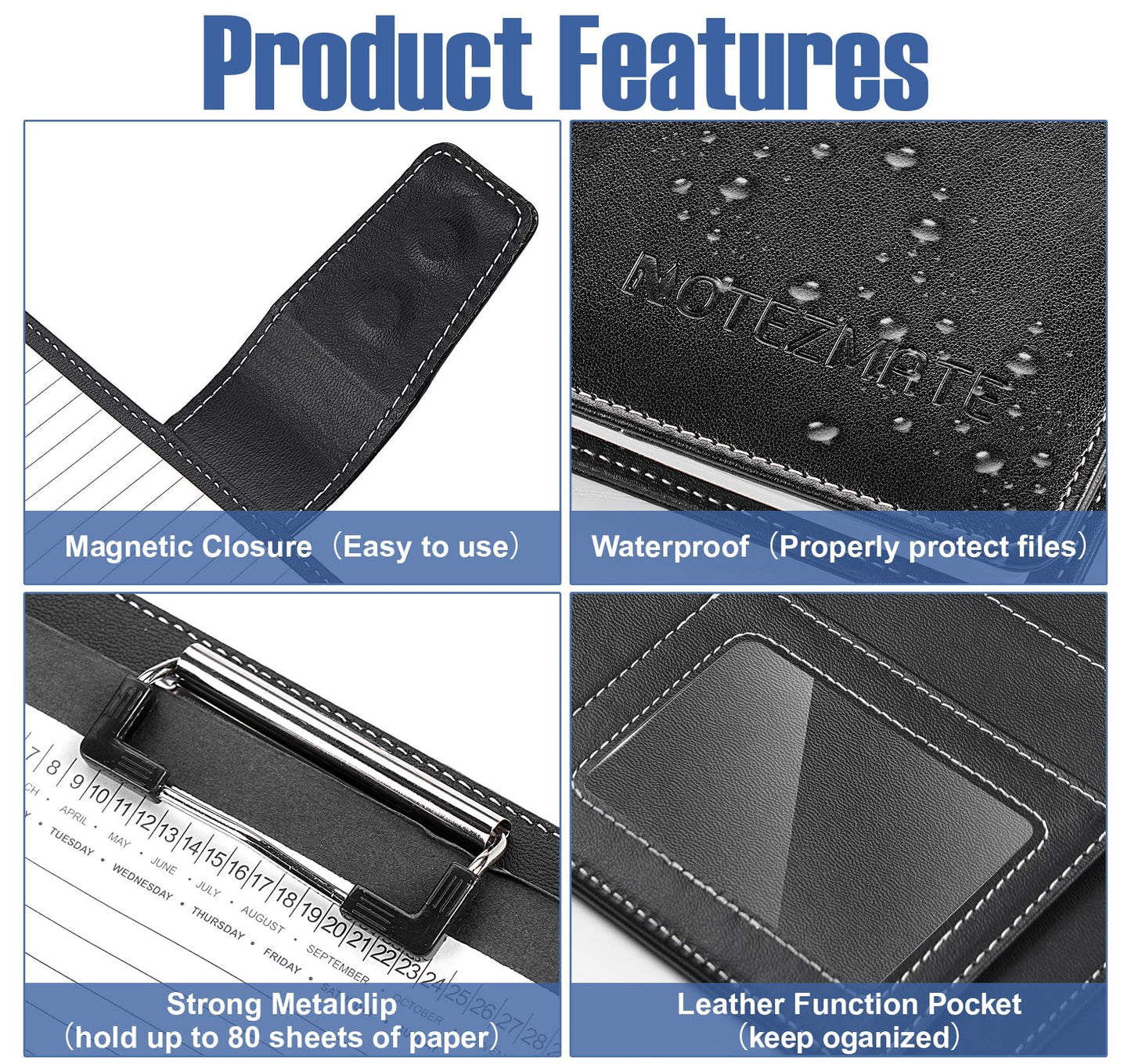 NOTEZMATE Padfolio Notepad Holder with Clipboard,A5 Faux Leather Padfolio Folder for Interview Resume,Magnetic Closure Legal Pad Folder with Business Holder,2 Pens & 5x8 Writing Pad for Office,Black