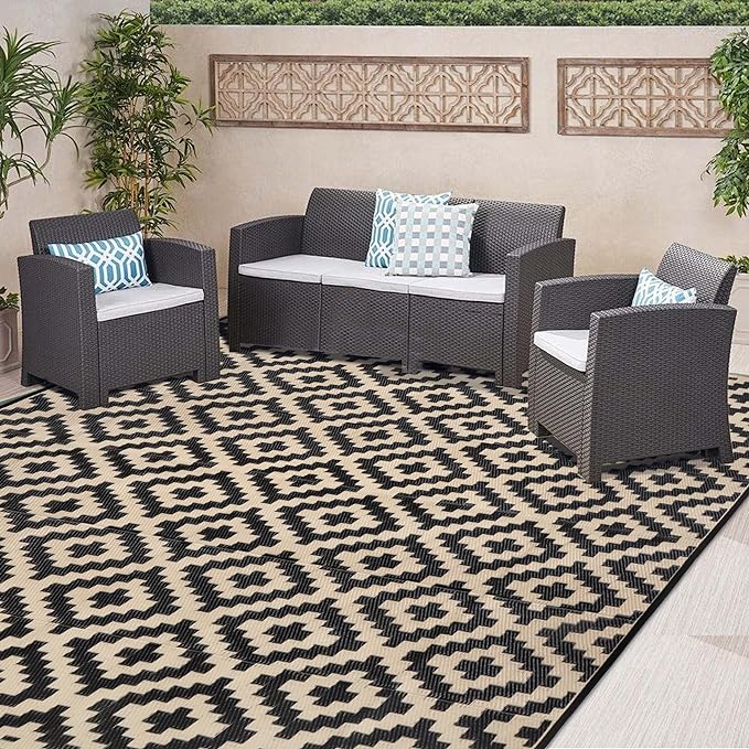 SAND MINE Waterproof Outdoor Rug 8x8 ft, Plastic Reversible Rug, Modern Area Rug, Large Floor Mat for Outdoors, RV, Patio, Backyard, Deck, Picnic, Beach, Camping, Black & Beige