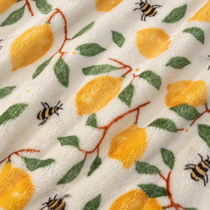 Berkshire Blanket-Classic Heavyweight Soft Printed VelvetLoft® Plush Throw Blanket, Cozy and Fuzzy, Lemons and Bees Yellow, 50in x 70in