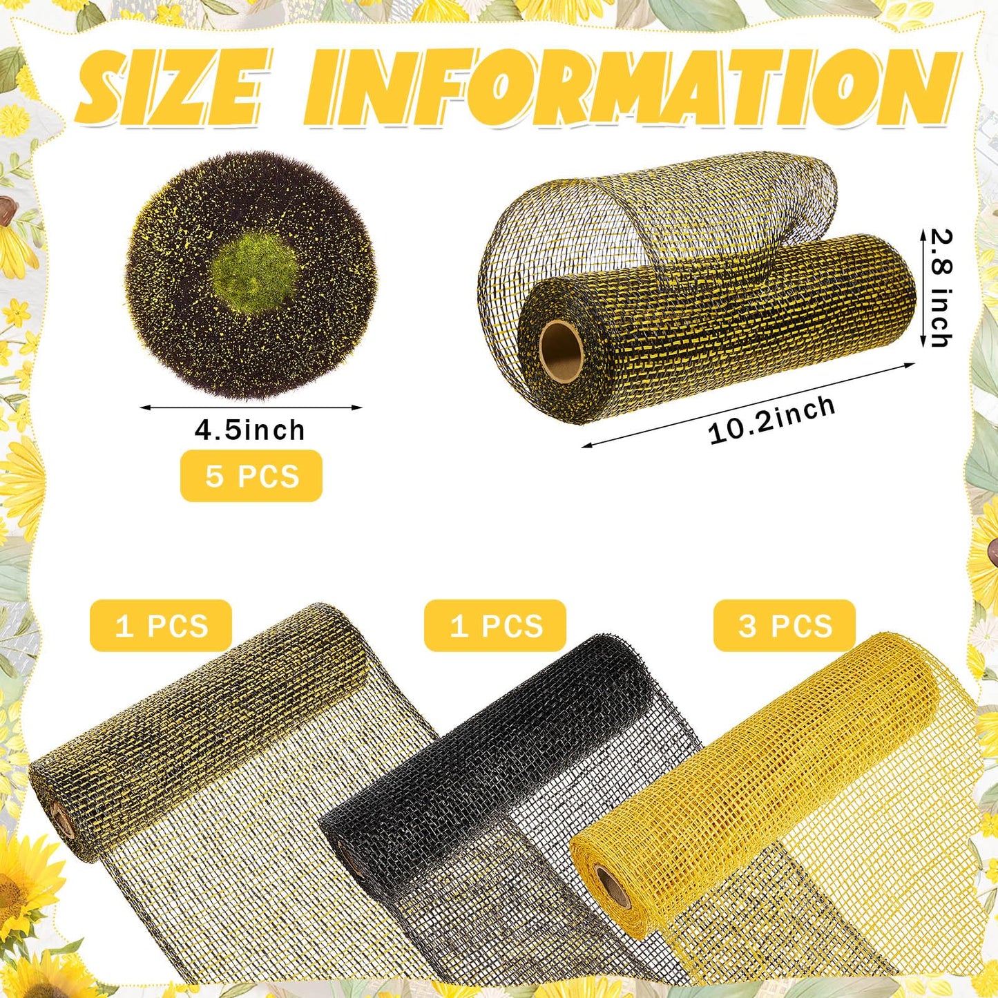 Yuxung 10 Pcs Poly Burlap Mesh 10 Inch and Disc Florets of Sunflower Center Set Wreath, Includes 5 Roll Black Yellow Mesh and 5 Pcs Foam Sunflower Head for DIY Bee Wreath Decoration Party Supplies