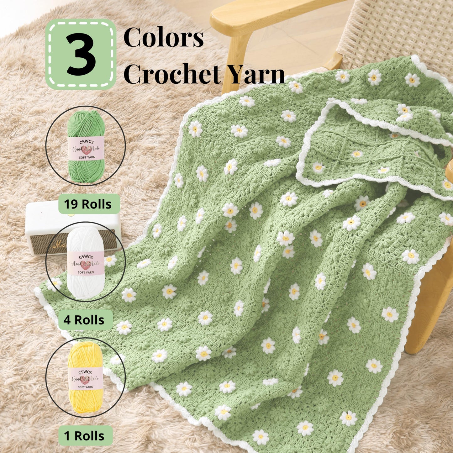 CSWCS Crochet Blanket Kit for Beginners, Daisy Granny Square Throw Kit for Adults, Easy Learn How to Knitting with Yarn & Hook, Complete Starter Set with Step-by-Step Instructions (39" x 31")