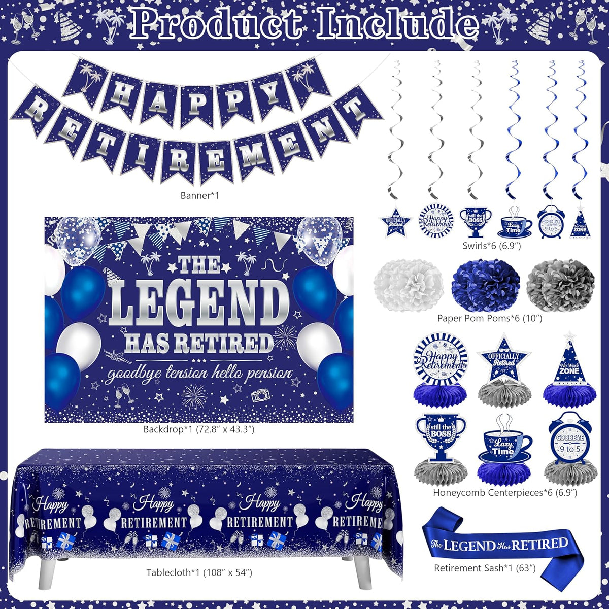Retirement Party Decorations, 109Pcs Blue Silver Happy Retirement Decorations for Men Women, The Legend Has Retired Backdrop Sash Banner Tablecloth Pompoms Centerpiece Hanging Swirls Balloons