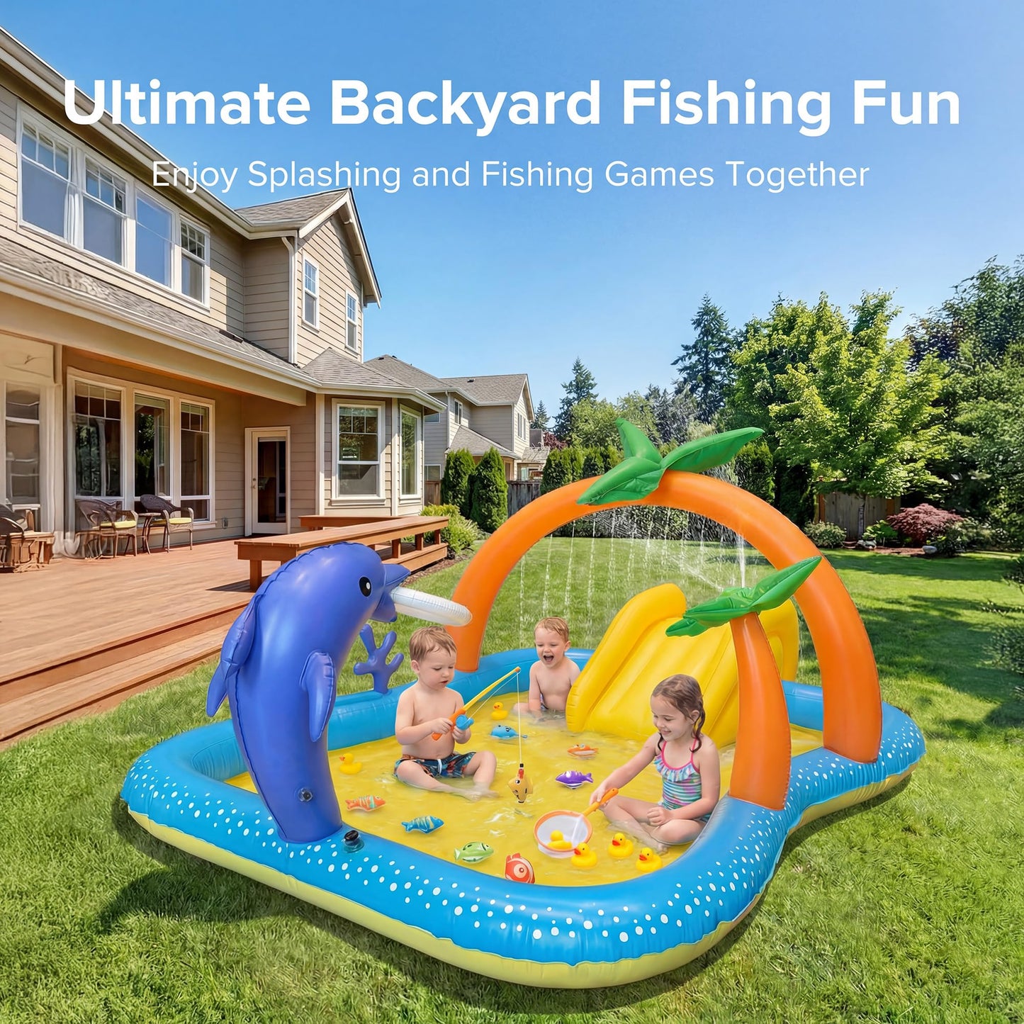 Kiddie Pool with Slide & Palm Tree Sprinkler – 95"x75"x40" Inflatable Water Play Center for Toddlers Ages 2+, Durable PVC Wading Pool for Backyard Summer Fun (Blue & Orange)