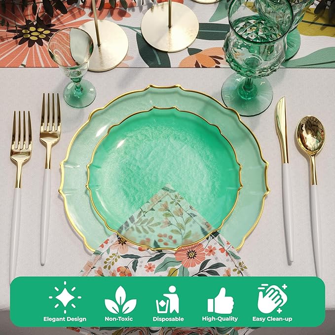 Mint & Gold Rim Disposable Party Plates 40pc – Fancy Plastic Dinnerware Set for 20 Guests | Dessert & Dinner