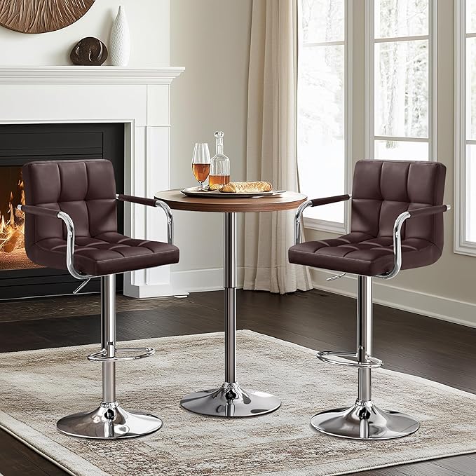 Yaheetech Bar Stools Set of 2, Adjustable PU Leather Swivel Barstools, Modern Counter Stools with Back and Footrest, Counter Height Barstools for Bar, Kitchen, Dining Room, Brown