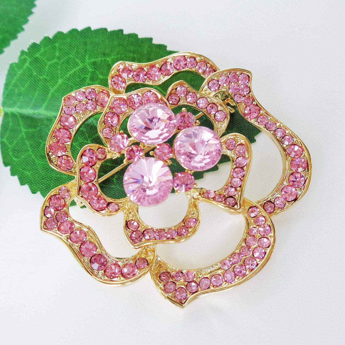 Navachi 18k Gold Plated Pink Crystal Blooming Rose Flower Az7435b Brooch pins