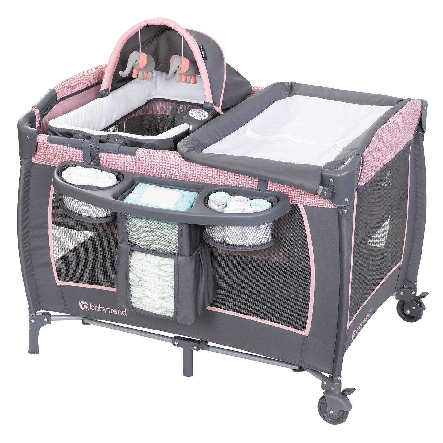 Baby Trend Passport Carriage Travel System with Bassinet, Changing Table, Toys, and Music Center, Dash Pink