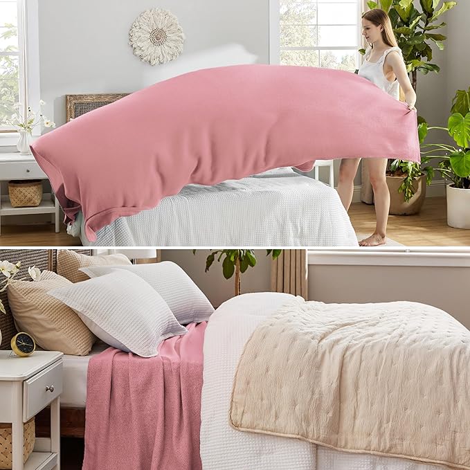 Bedsure 100% Cotton Blanket King Size for Bed - Breathable and Lightweight, Soft Cozy Textured Herringbone Woven Blanket for Summer Spring, Pink, 108x90 inches