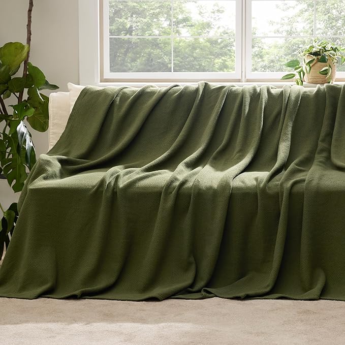 Bedsure 100% Cotton Blanket Twin XL Size for Bed - Breathable and Lightweight, Soft Cozy Textured Herringbone Woven Blanket for Summer Spring, Olive Green, 66x90 inches
