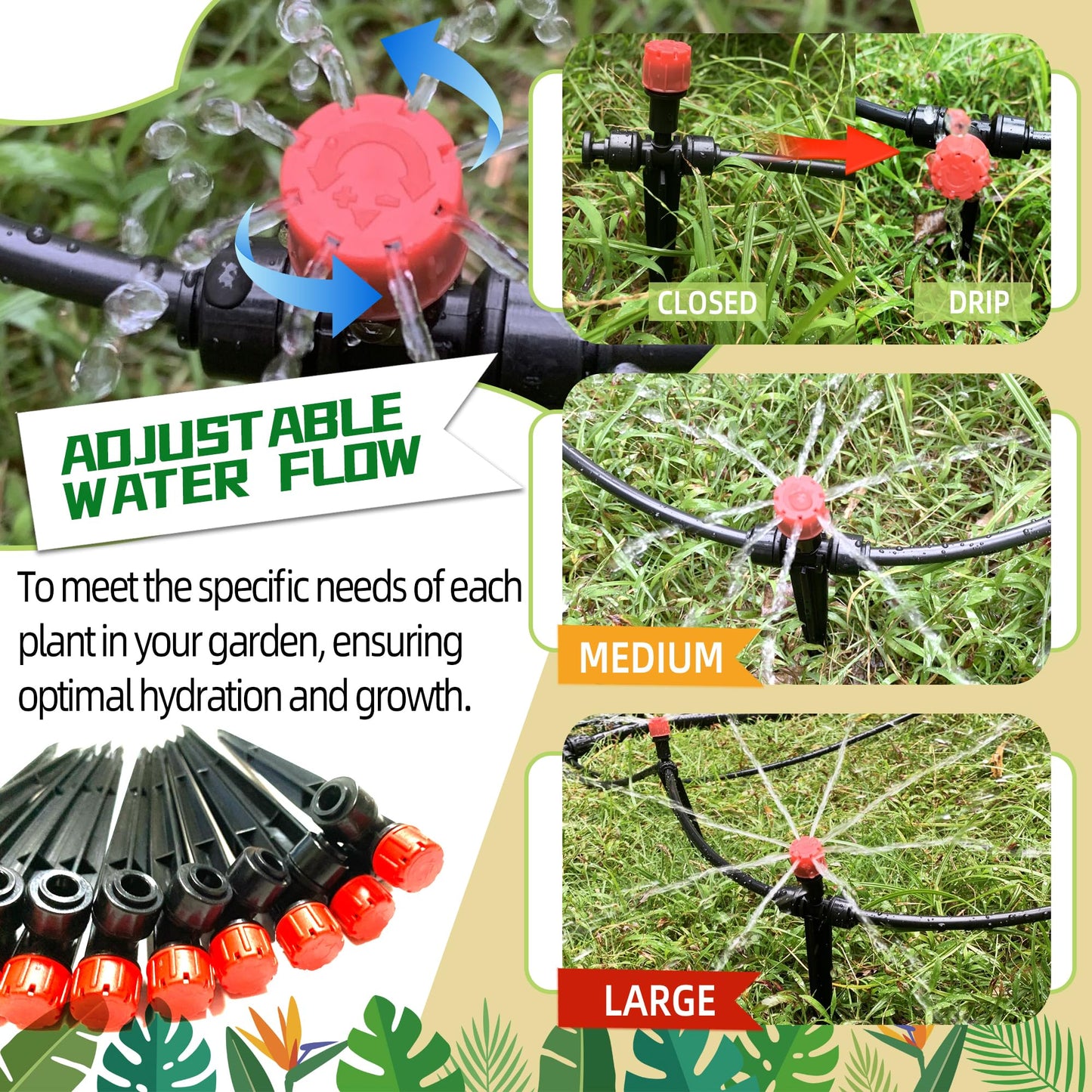 10PCS Push-to-Connect Drip Irrigation Emitters for 1/4 inch Irrigation Tubing, Two-Way Connection Adjustable Drip Emitter Sprayer with Stake, Irrigation Dripper Sprinklers for Drip Irrigation System