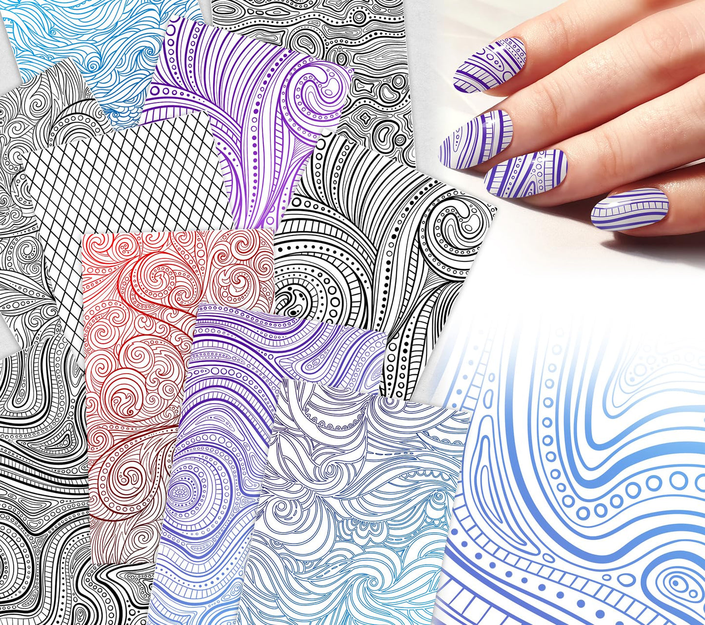Nail Decals [10 Sheets] Abstract Line Pattern Strips Set Mixed Swirling Lines Geometric Curves Contrasting Styles Dynamic compositions Creating Eye catching Manicure Designs Expressive Contemporary
