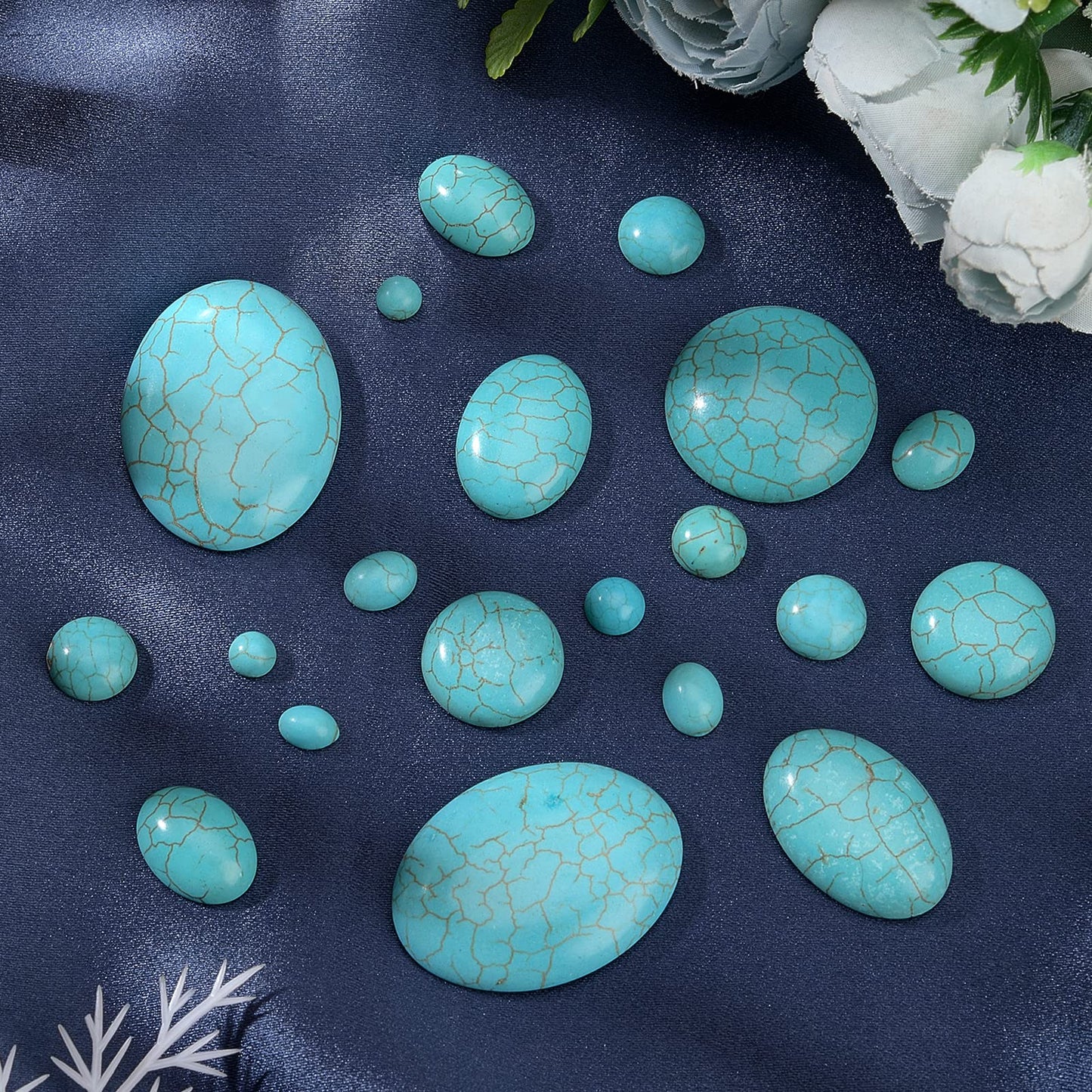 PH PandaHall 84pcs Synthetic Turquoise Stone Cabochons, 7 Sizes Blue Texture Gemstone Tiles Oval Flat Round Dome Bead Stone Cabochon Tile for Bracelet Necklace Earrings Cameo Jewelry Making, 6~40mm