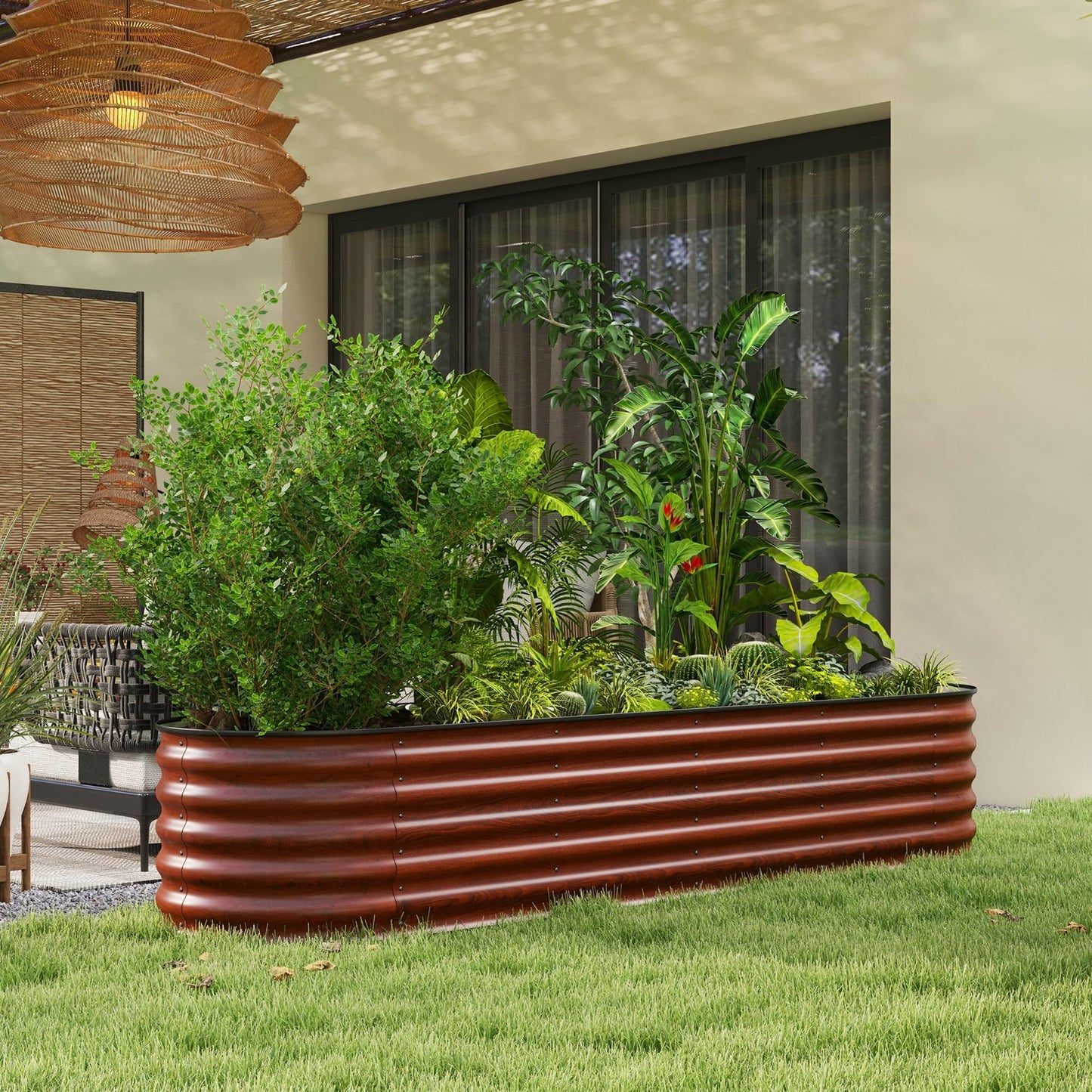 Amacv 8' x 2' x 1.4' Galvanized Raised Garden Bed Kit, Outdoor Metal Elevated Planter Box with Safety Edging, Easy DIY Stock Tank for Growing Flowers, Herbs & Vegetables, Brown