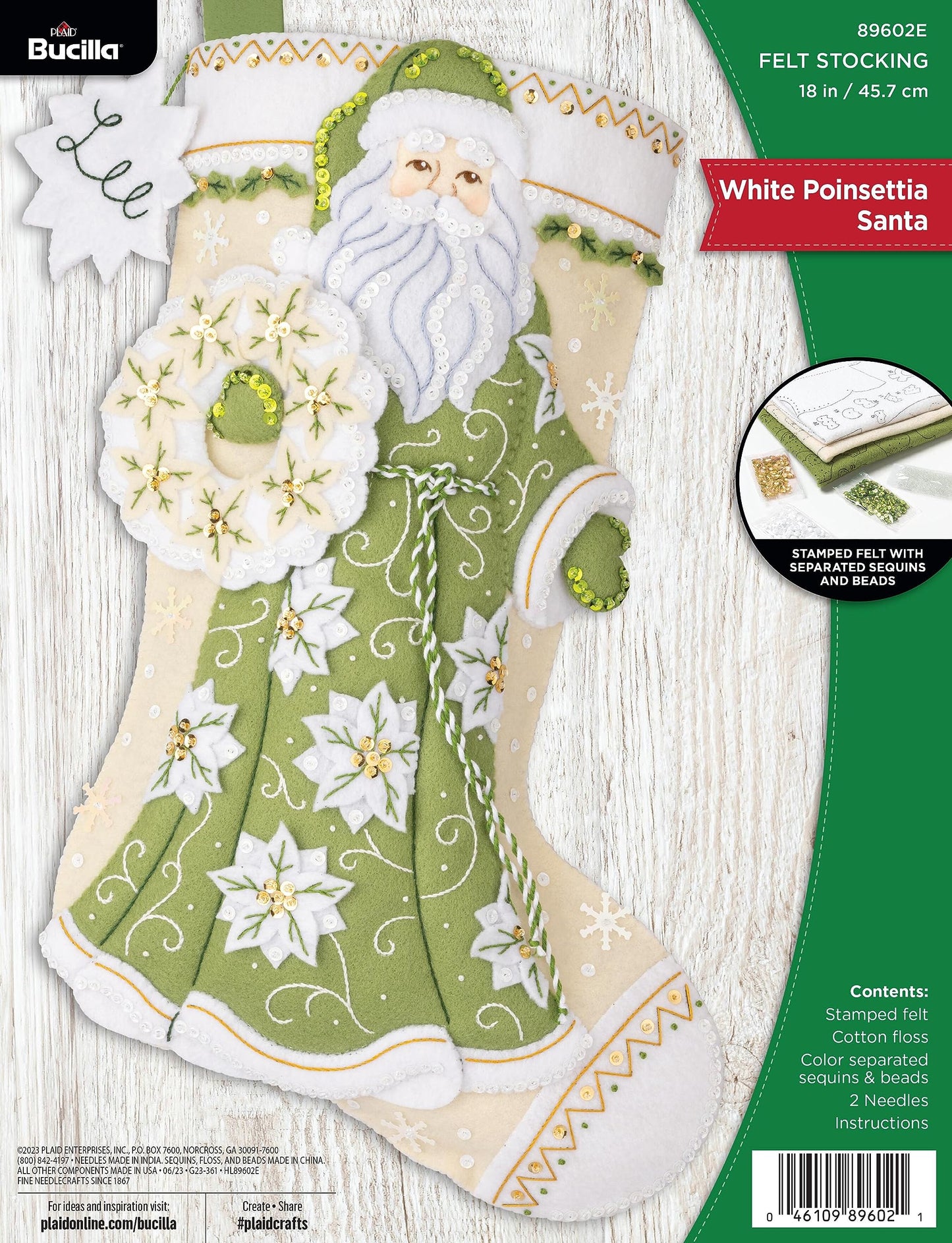 Bucilla Felt Applique 18" Stocking Making Kit, White Poinsettia Santa, Perfect for DIY Arts and Crafts, 89602E