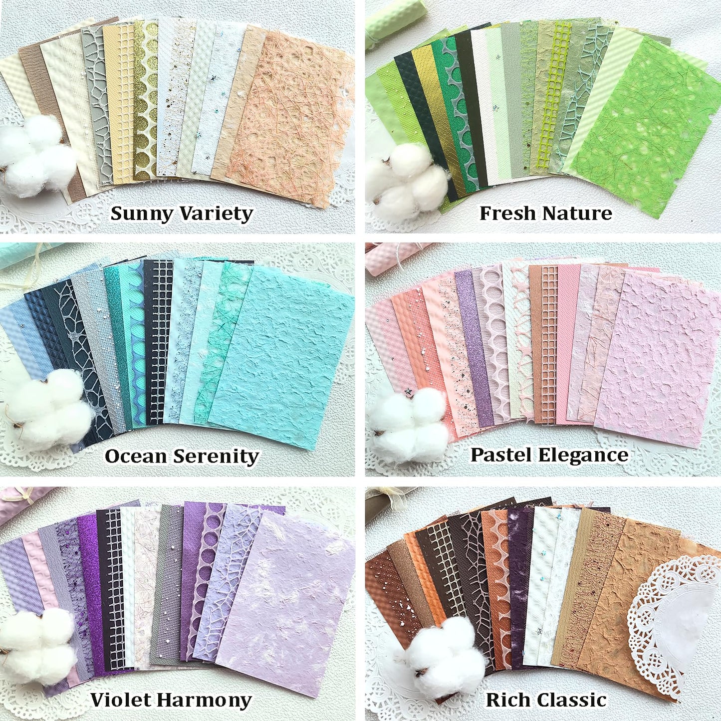 Flartmo 102 Unique Textured Scrapbook Papers and Mesh Fabric Sheets(17 Designs × 6 Colors), Handmade Craft paper for Scrapbooking, Junk Journal, Card Making Supplies, Planner, Collage (5.9" x 3.9")