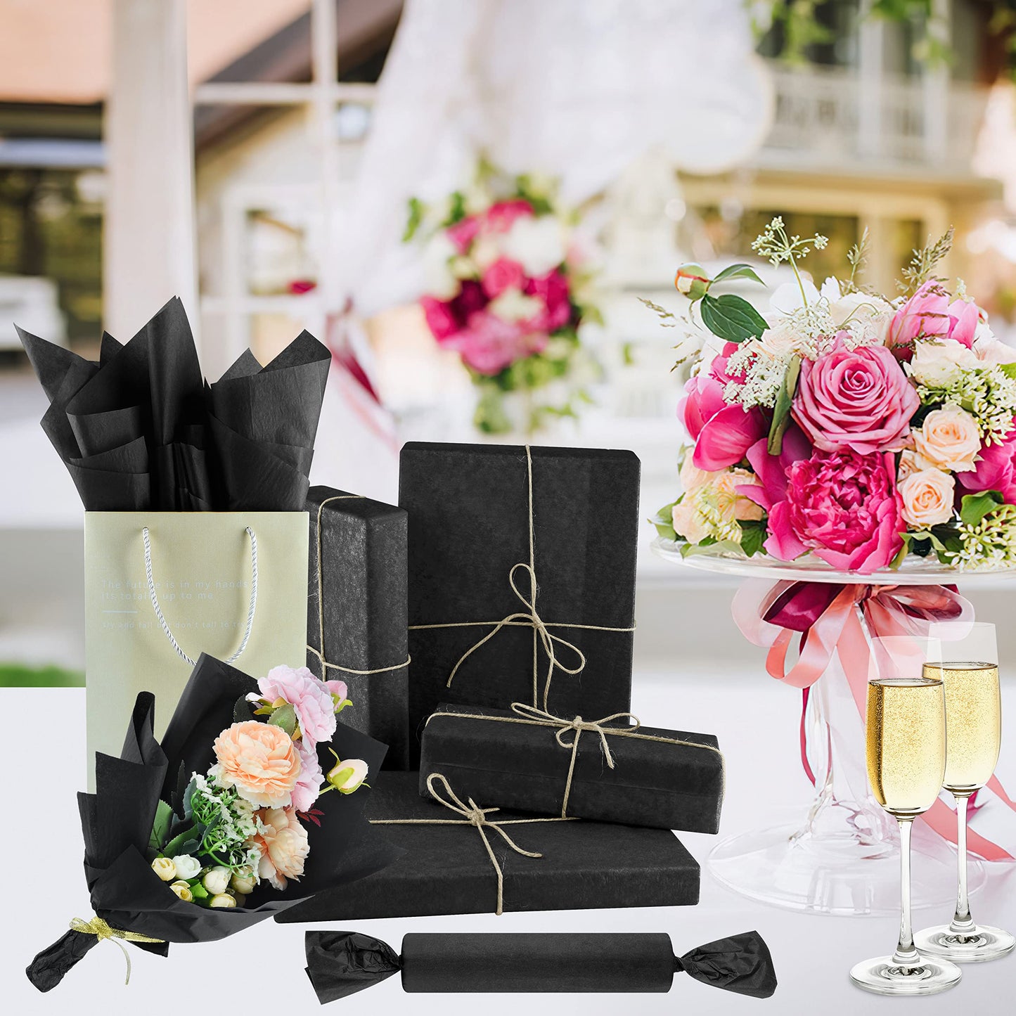NEBURORA 60 Sheets Black Tissue Paper Bundles 64 Pcs Balls Cake Toppers and Leaves Decoration for Halloween Party,Blcak Party Decoration