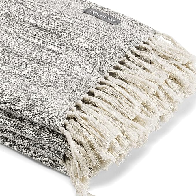 Vera Wang - Throw Blanket, Luxury Cotton Bedding, Lightweight Home Decor for All Seasons (Twill Fringe Charcoal Grey, Throw) 50" x 60"