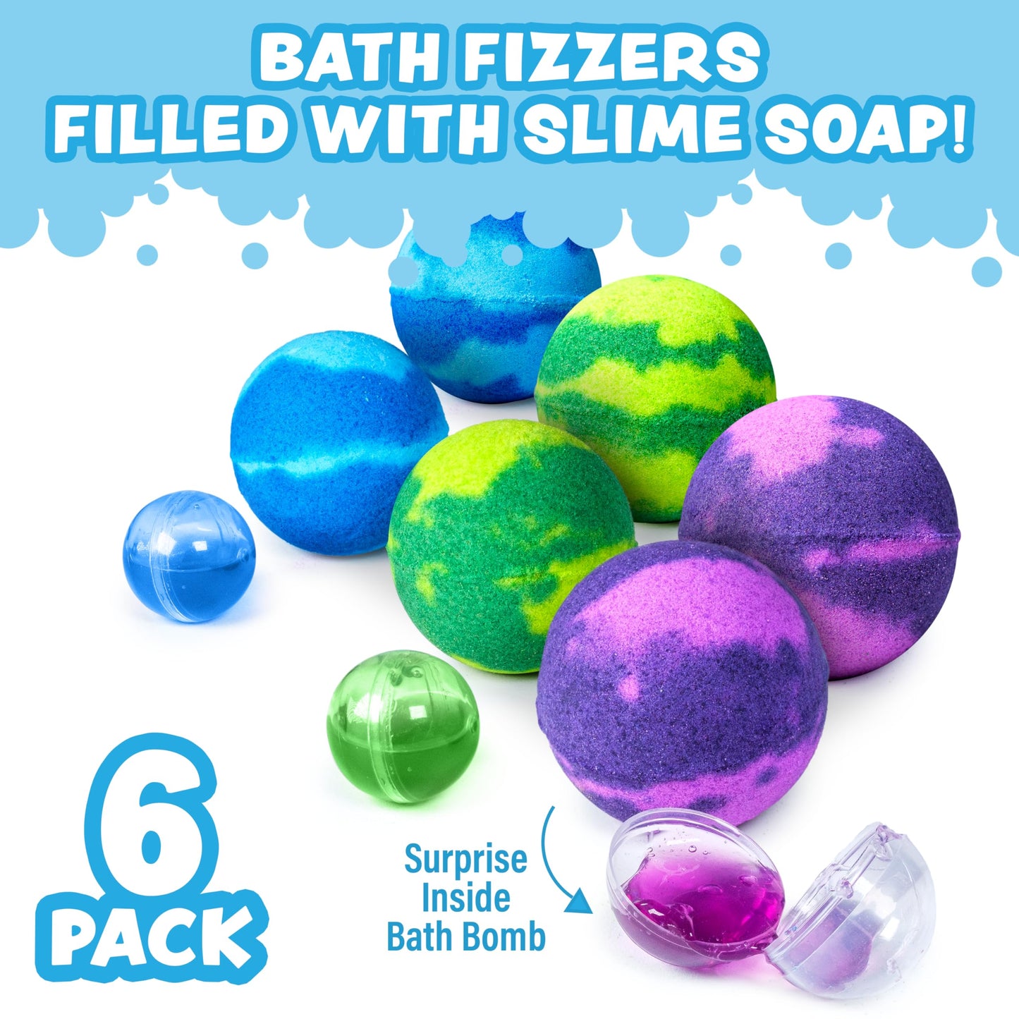 Tub Works Super Goo Bath Slime 'Surprise' Bombs, 6 Pack | Kids Bath Bombs With Surprise Inside | Nontoxic | Stretchy, Squishy Slime Soap | Sensory Fun for Kids