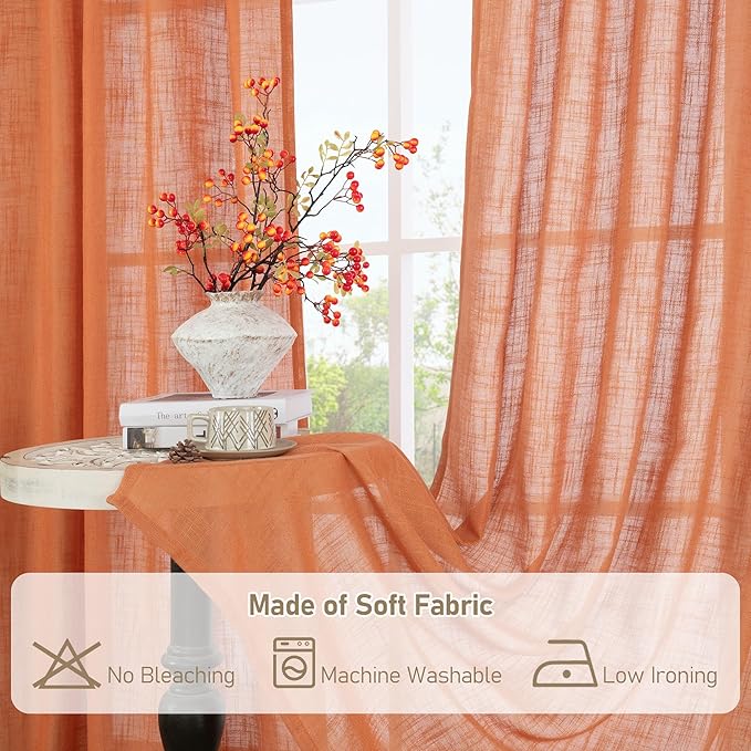 LAMIT Linen Semi Sheer Curtains 96 inches Long 2 Panels Set, Light Filtering Panels Back Tab and Rod Pocket Floor to Ceiling Curtains for Bedroom/Living Room, Burnt Orange, 52 x 96 Inch