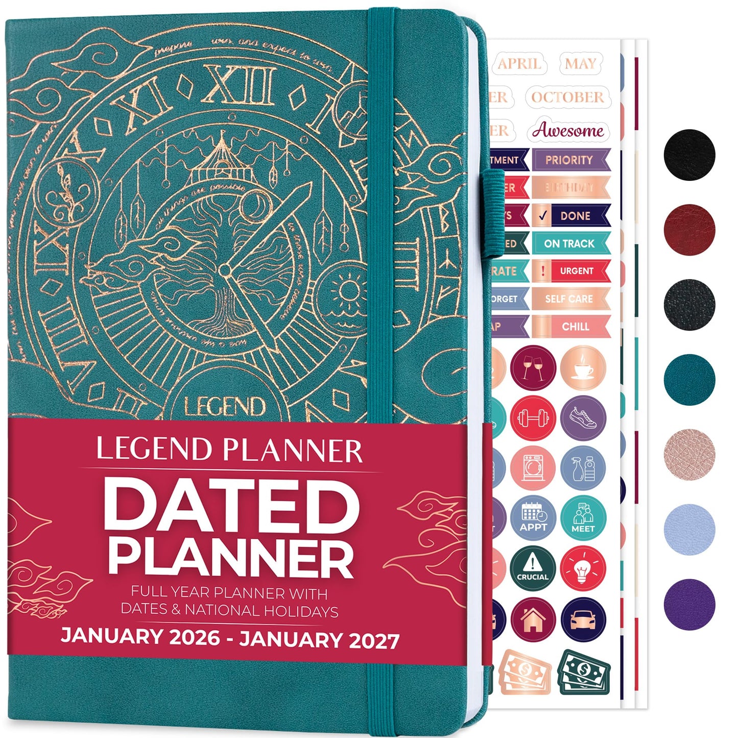 Legend Planner Jan 2026 – Jan 2027 Dated Weekly & Monthly Planner to Hit Your Goals, Increase Productivity & Live Happier. Organizer Notebook & Productivity Journal. A5 Hardcover (Dark Teal)