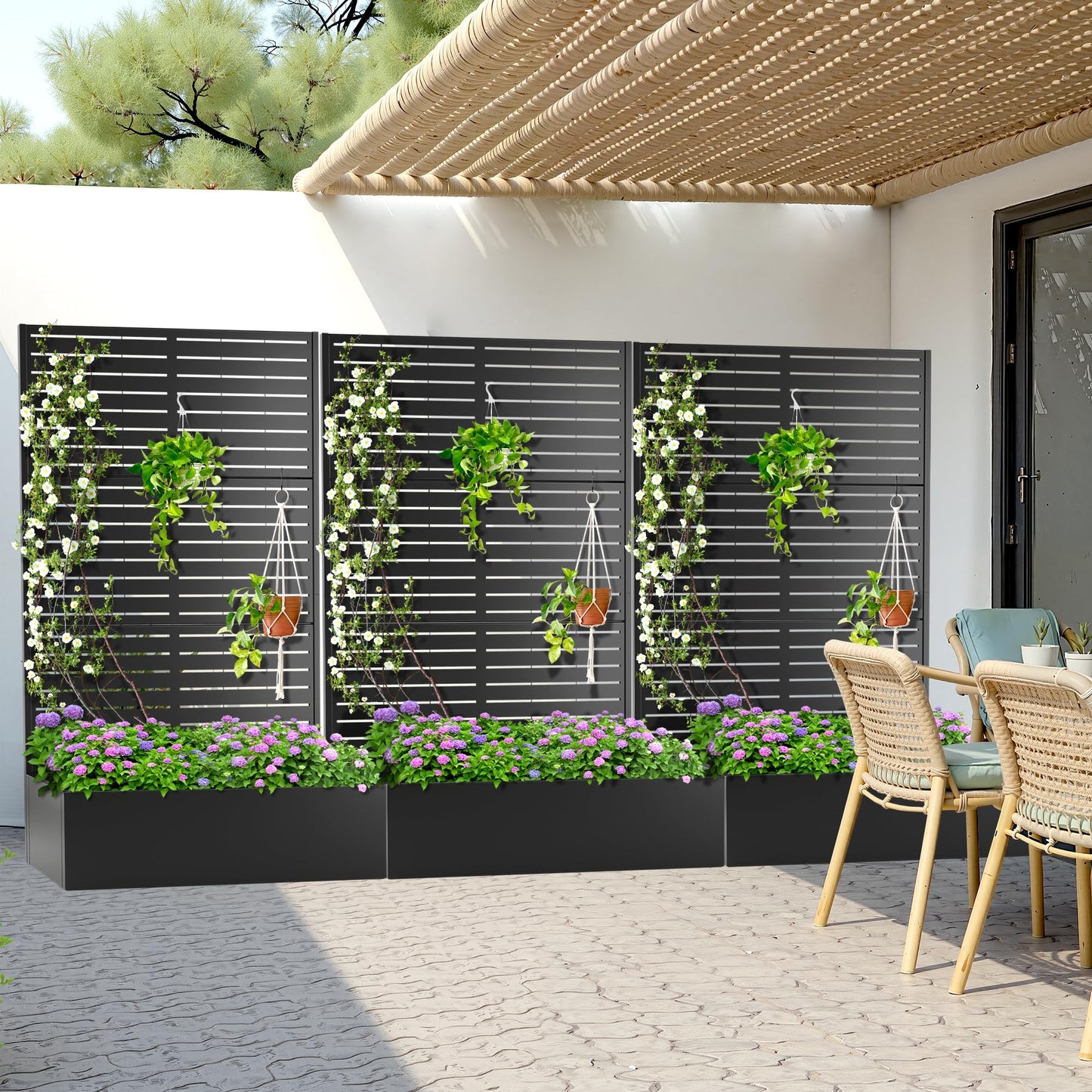 Metal Planter Box with Trellis, Heavy-Duty Raised Garden Bed for Climbing Plants, Drainage Hole, Outdoor Planter Box with Privacy Screen，47''L×16''W×71''H