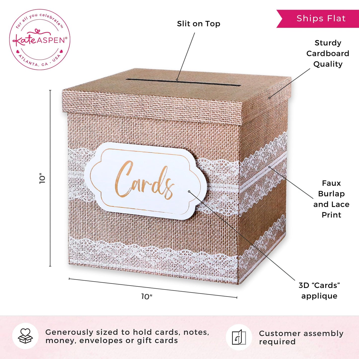 Kate Aspen Rustic Burlap & Lace Gift/Wedding Card Box, Money Box, Farmhouse Wedding Decorations For Reception - Also Perfect for Boho Baby Showers, Birthdays, Graduation