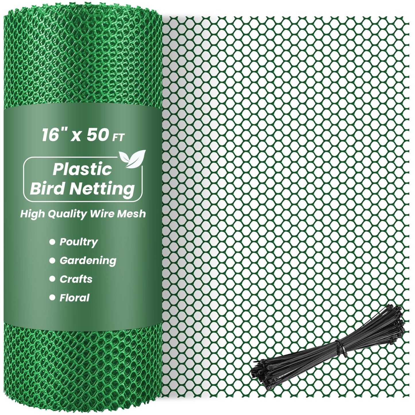 Toolterritary 16IN x 50FT Plastic Chicken Wire Mesh, Chicken Wire for Floral Arrangements, Chicken Wire Mesh for Crafts with 100 Pcs Zip Ties, Mesh Fence for Dogs, Deers, Poultry