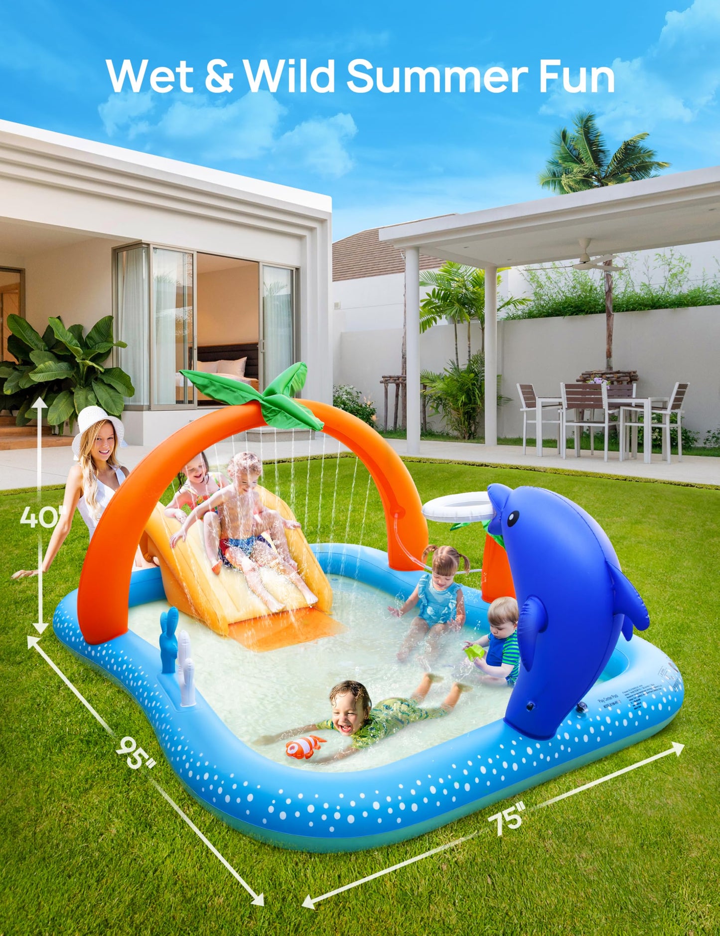 Kiddie Pool with Slide & Palm Tree Sprinkler – 95"x75"x40" Inflatable Water Play Center for Toddlers Ages 2+, Durable PVC Wading Pool for Backyard Summer Fun (Blue & Orange)