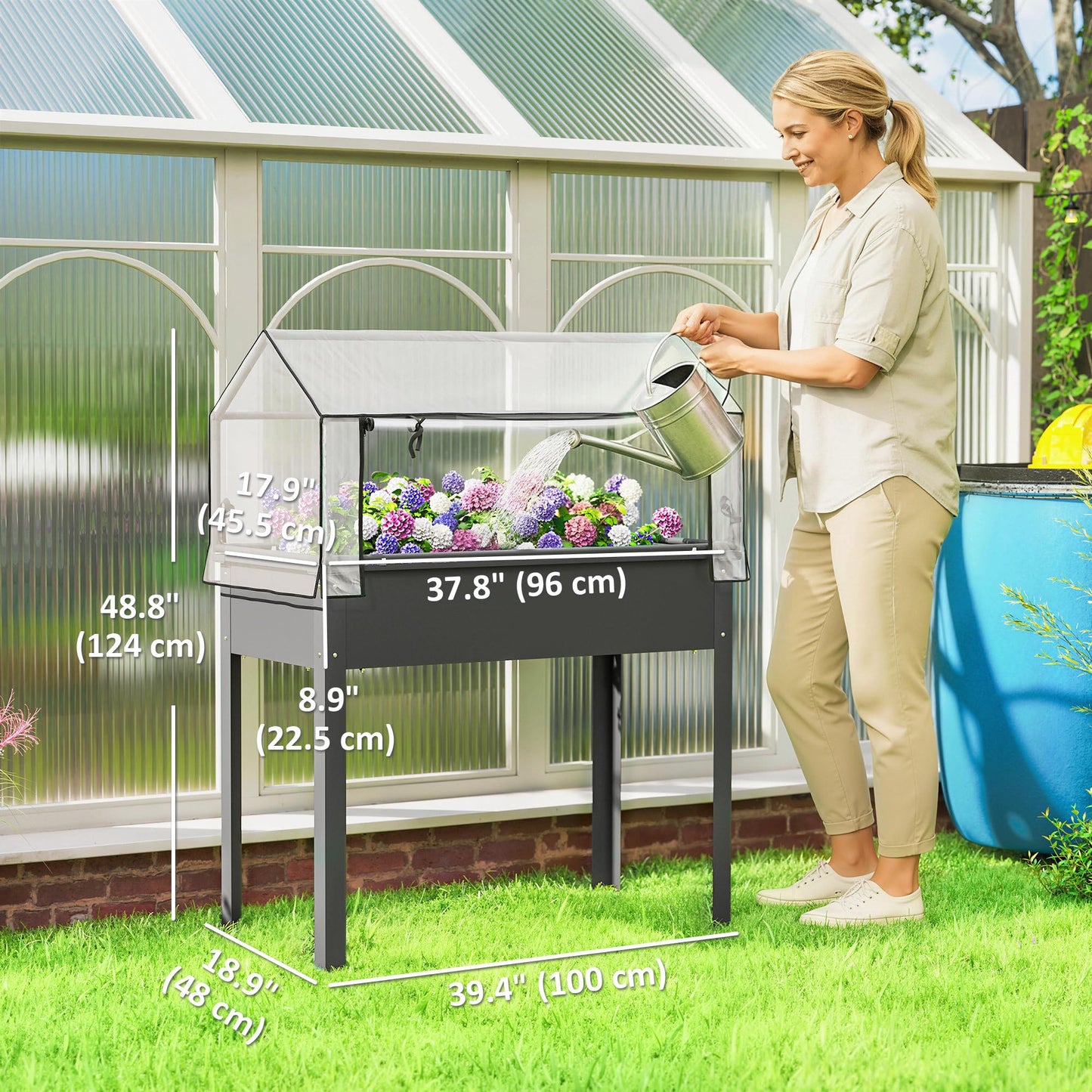 Outsunny Raised Garden Bed with Greenhouse Cover, Elevated Planter Box with Legs and Drainage Hole for Vegetables Flowers Herbs, 39.4" x 18.9" x 48.8", Dark Gray