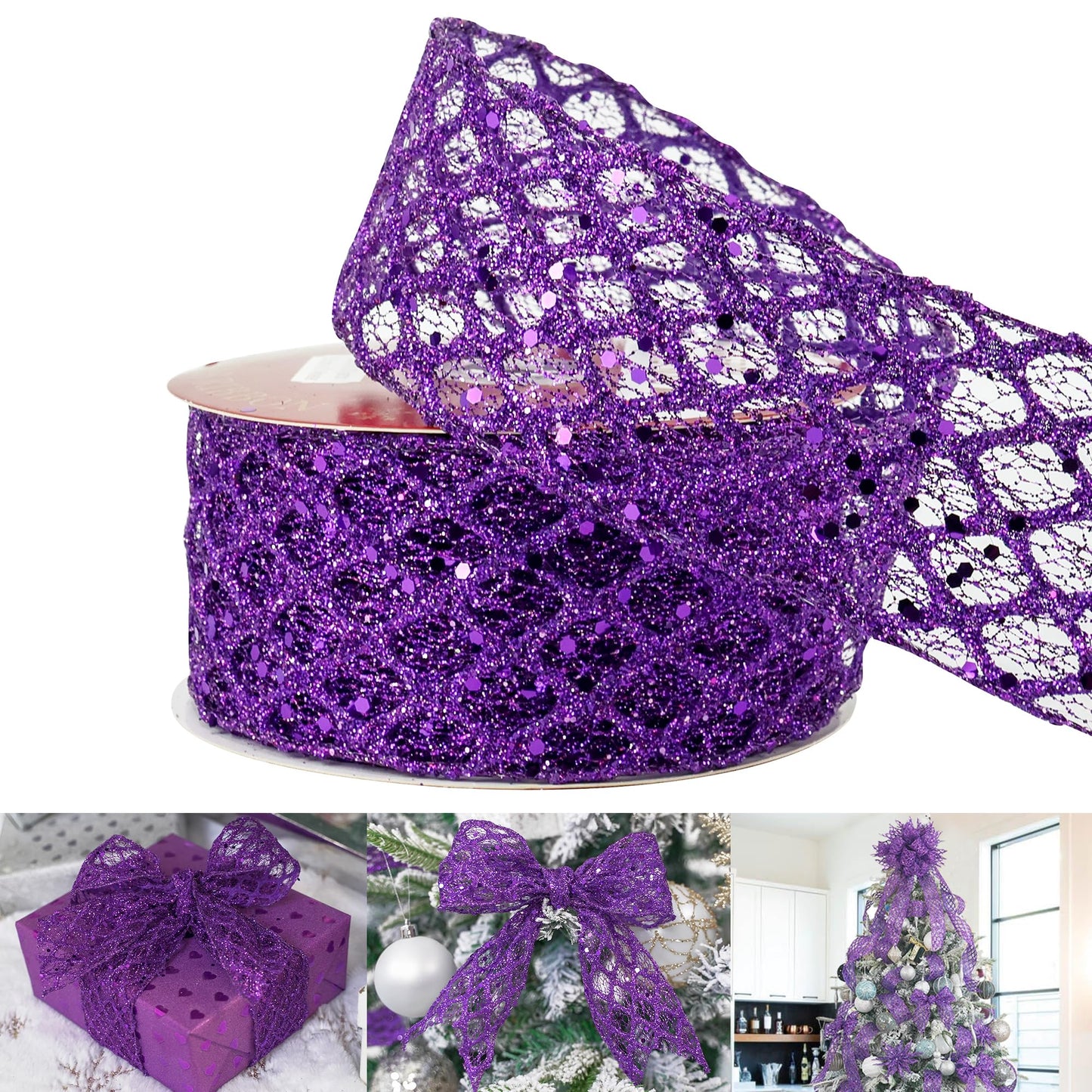 HUIHUANG Purple Wired Ribbon 2.5 inch Glitter Diamond Wire Edge Ribbon for Halloween Decor, Christmas Tree, Gift Wrapping, Bows Making, Wreath Supplies, Garlands, DIY Crafts -10 Yards