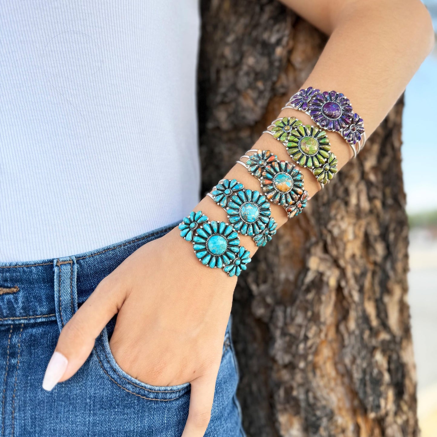 Southwest Style Genuine Gemstones 925 Sterling Silver Cluster Bracelet (Turquoise)