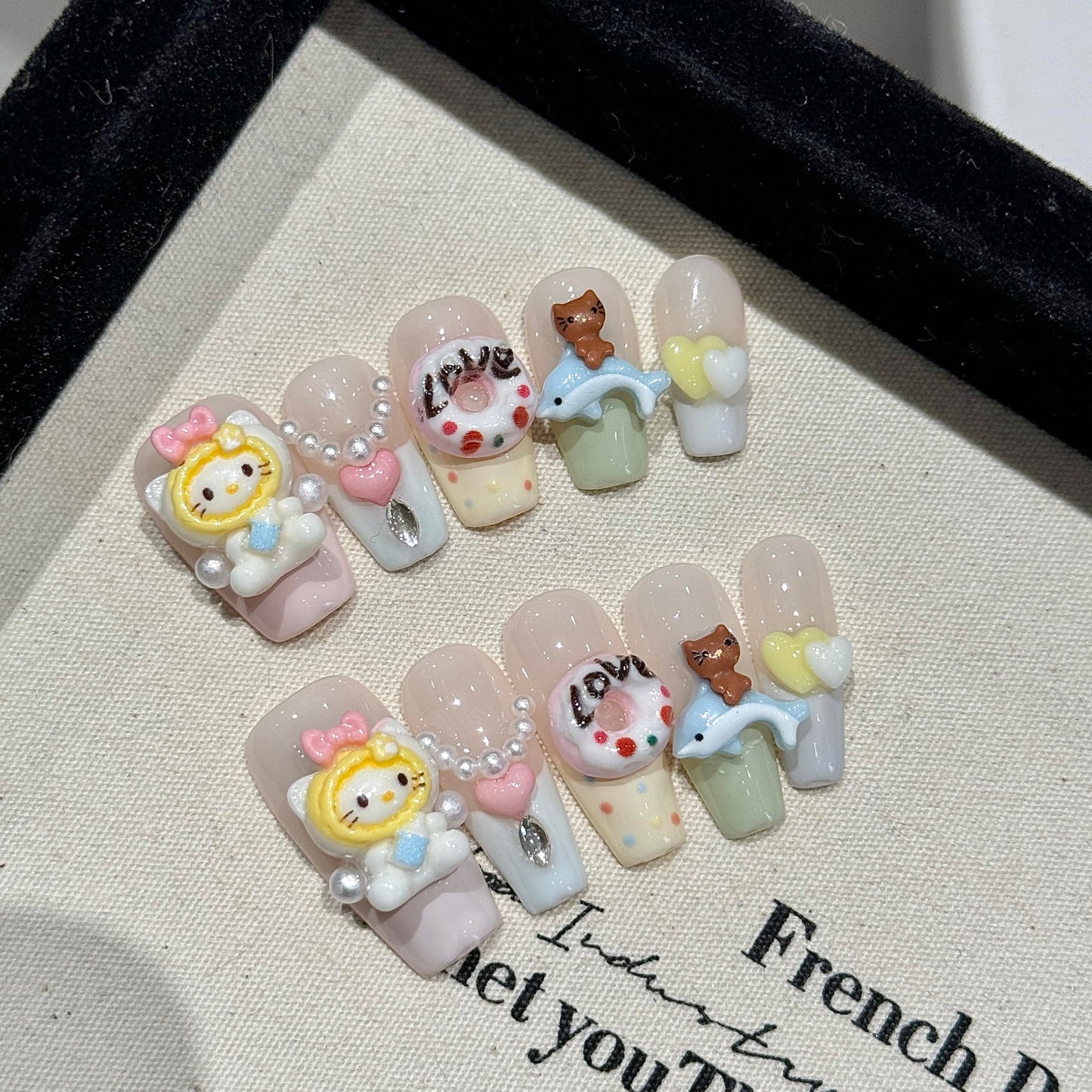 NLSJMP Acrylic colorful kitty Press on Nails Square,Reusable Handmade Kawaii heart pearl Gel Nails Press On, Luxury 3D fake nails designed kit,10 Nails Size S,#2408