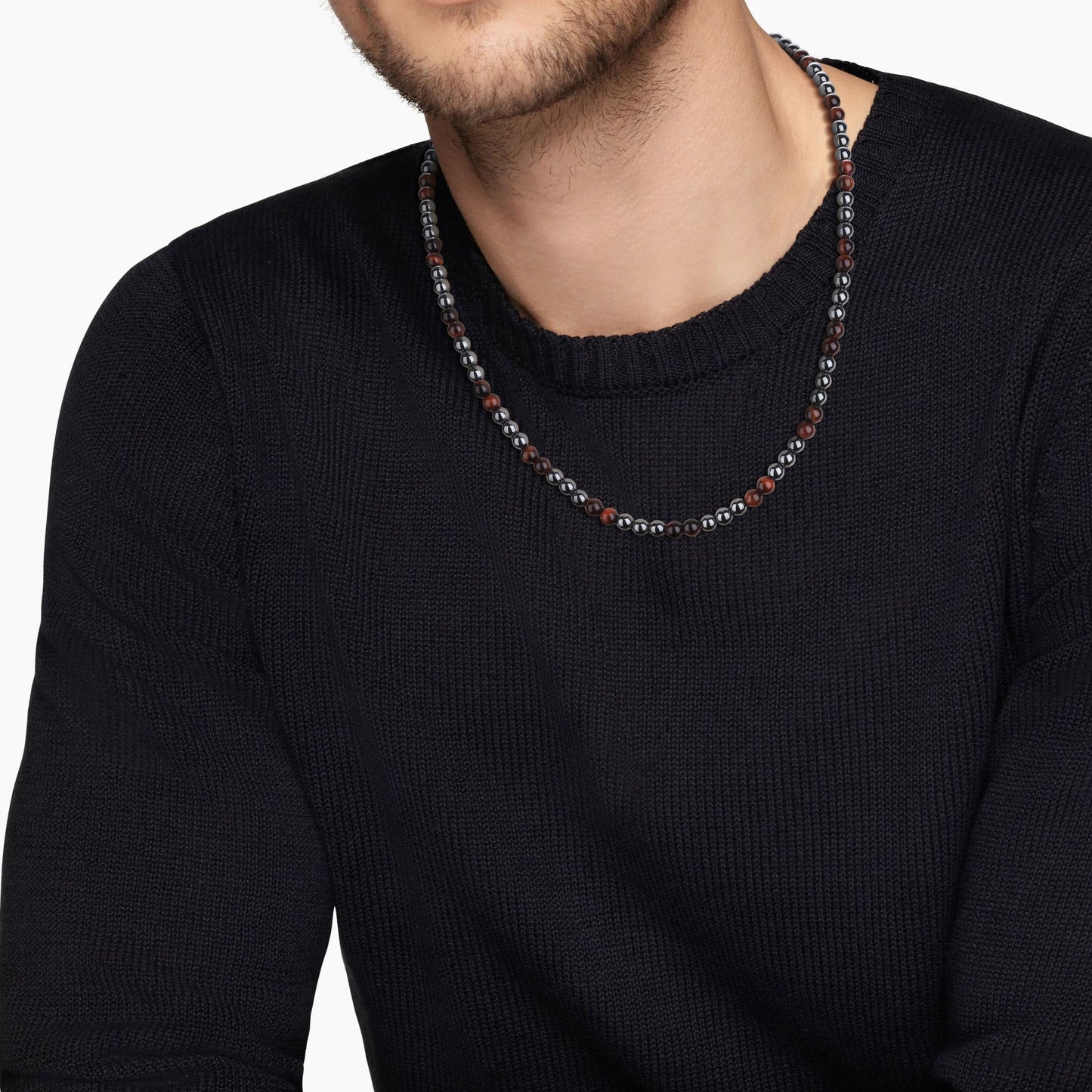 GAVU Stone Beaded Hematite Red Tiger Eye Necklace for Men 24"