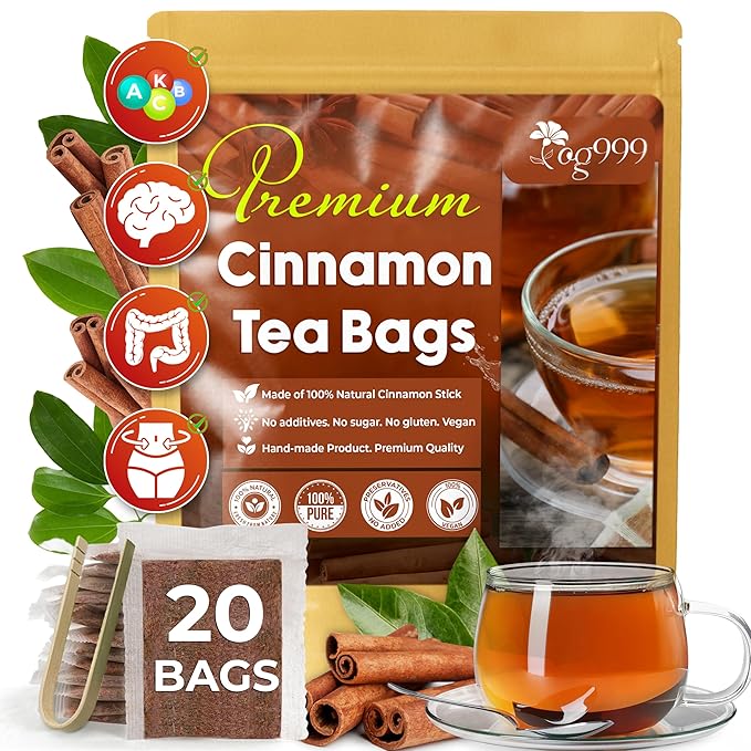 TOG999, Premium 20 Cinnamon Tea Bags, 100% Natural & Pure. Cinnamon Herbal Tea. No Sugar, No Caffeine, No Gluten, Vegan.