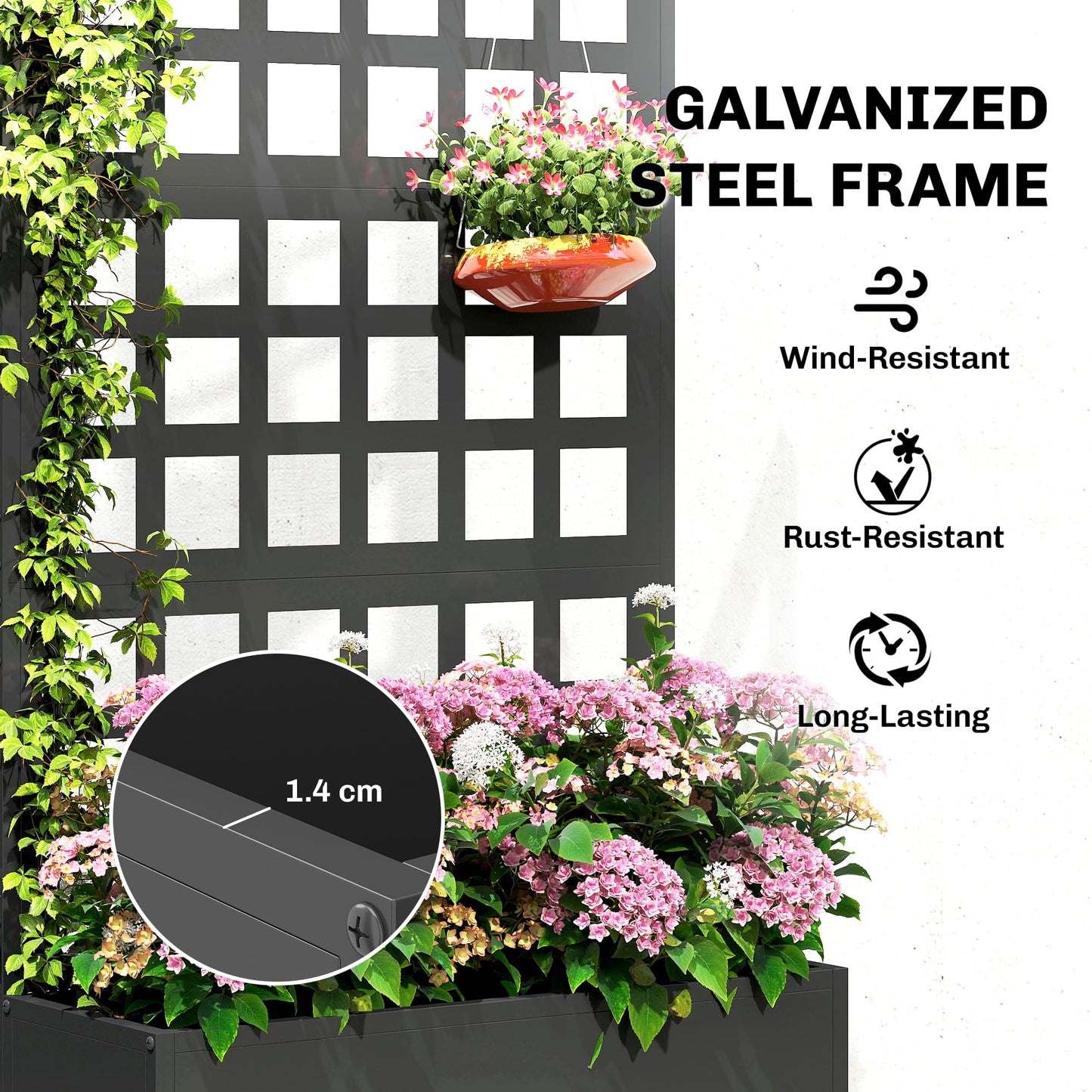 Outsunny Galvanized Raised Garden Bed with Trellis, Metal Planter Box with Drainage Holes, Outdoor Privacy Screen for Climbing Plants, Vegetable, Vines, 24" x 9" x 44.5", Black