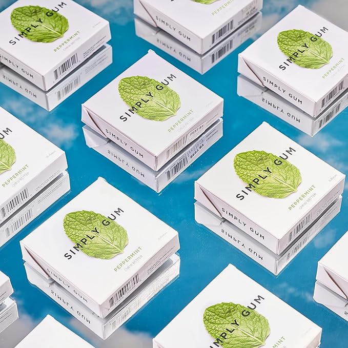SIMPLY Gum Peppermint, Plastic-Free Natural Chewing Gum, 6 Pack (90 Pieces) | Vegan, Kosher, Non GMO, Aspartame Free and Sorbitol Free