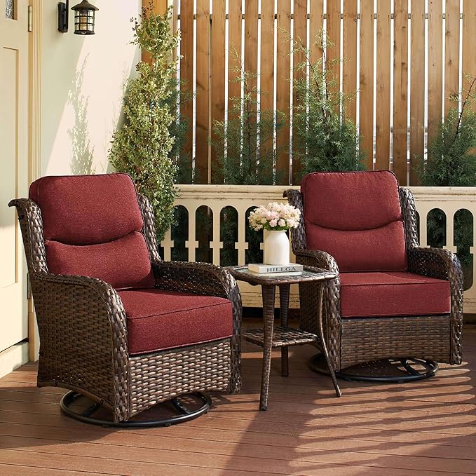 HILLGA Luxury Patio Furniture Set with 6-Inch Thick Cushions, High Back Outdoor Swivel Rocker Chairs and Table, 3-Piece All Weather Conversation Set for Porch Deck Balcony Yard, Burgundy (V3)